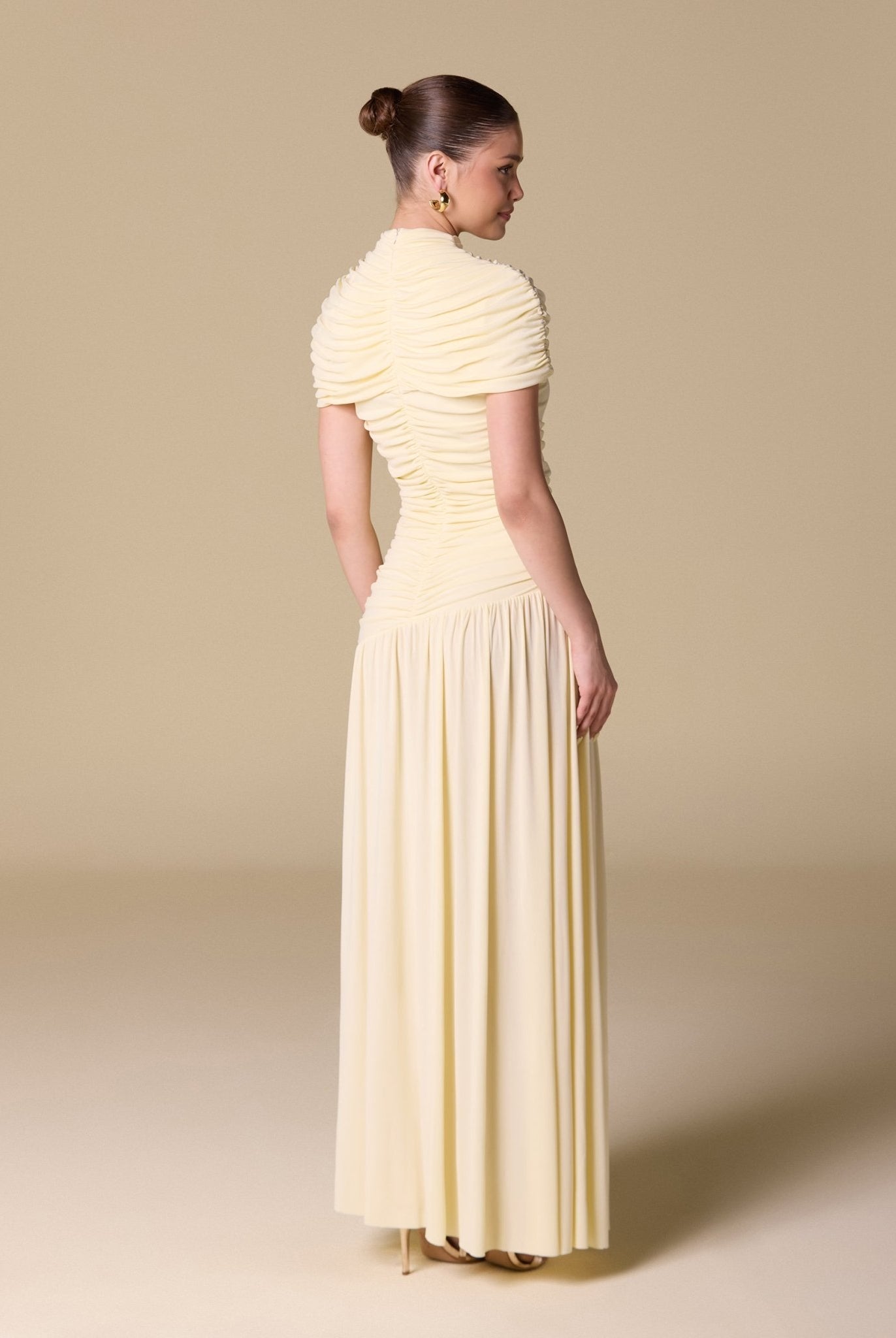 Jersey Gathered Maxi Dress with Pleated Skirt - shopaleena