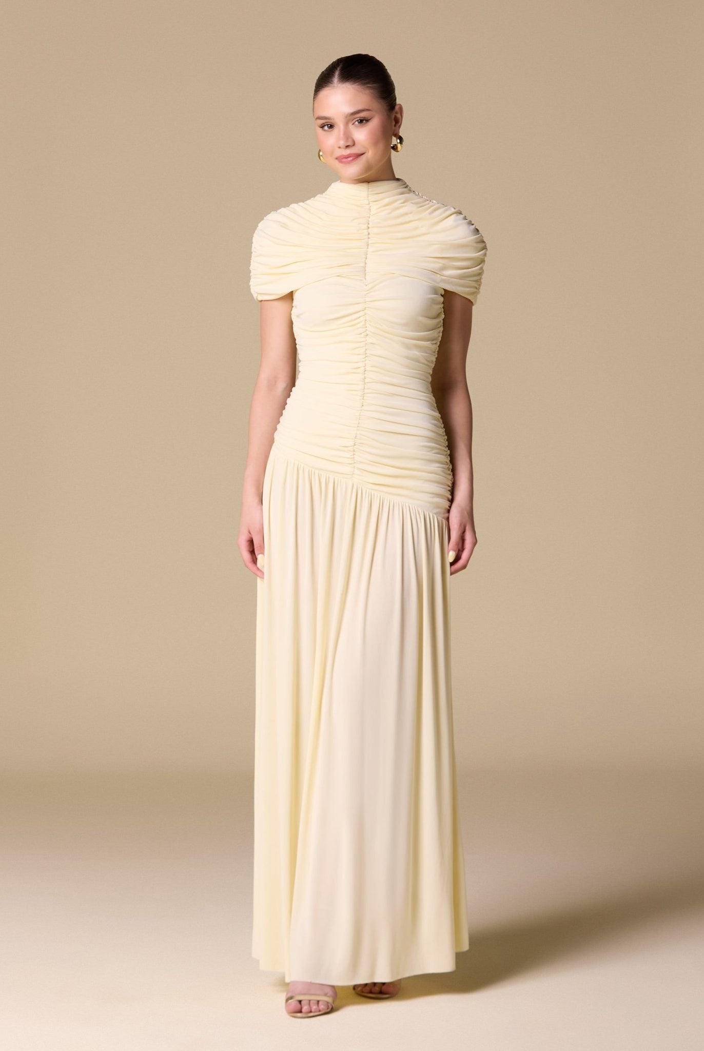 Jersey Gathered Maxi Dress with Pleated Skirt - shopaleena