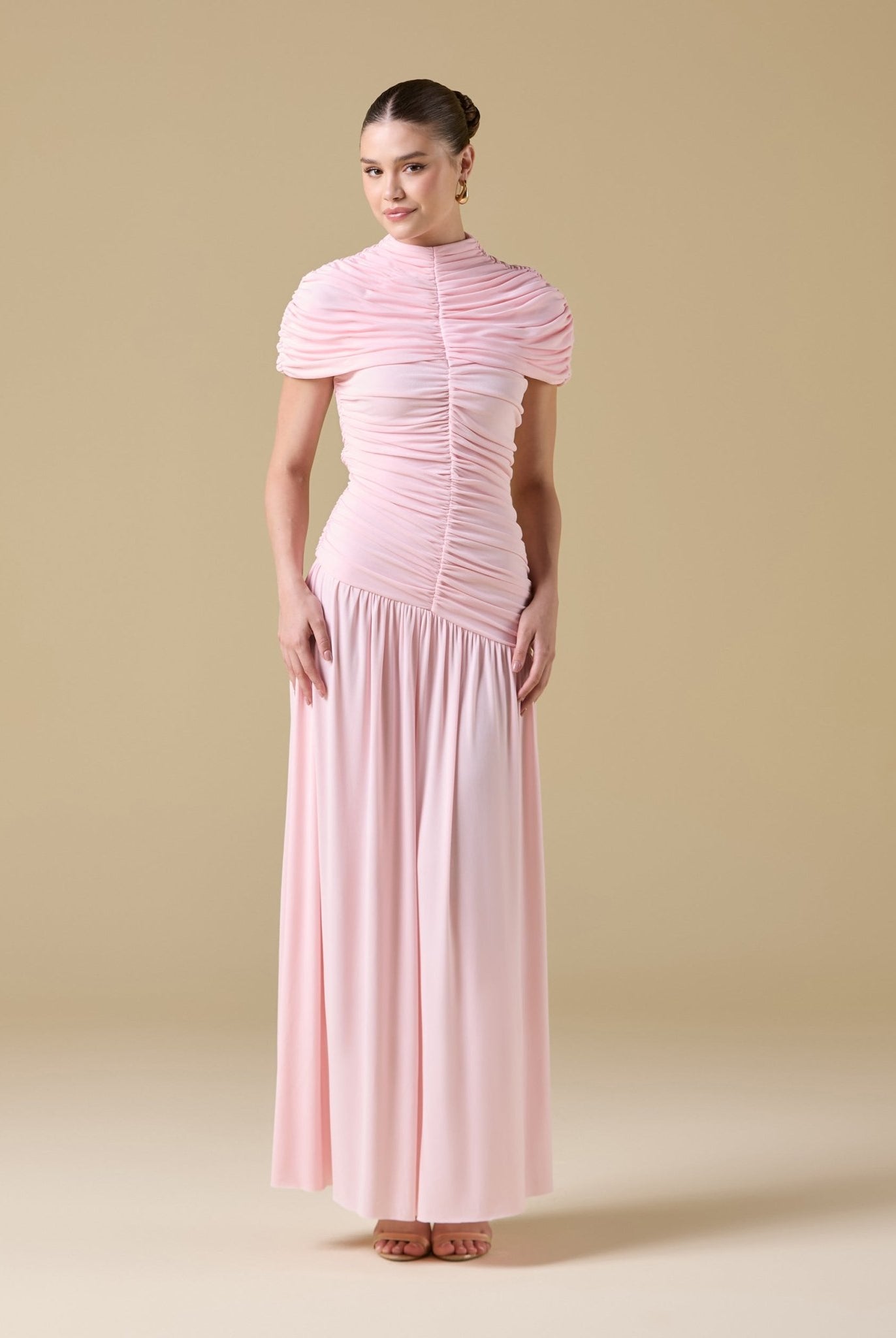 Jersey Gathered Maxi Dress with Pleated Skirt - shopaleena