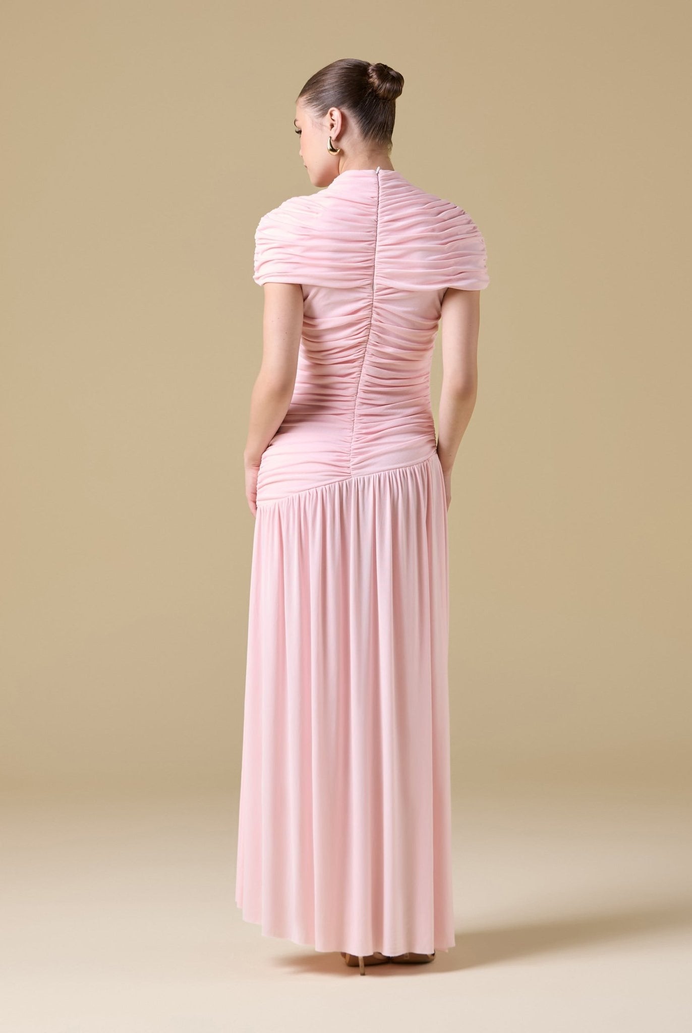 Jersey Gathered Maxi Dress with Pleated Skirt - shopaleena