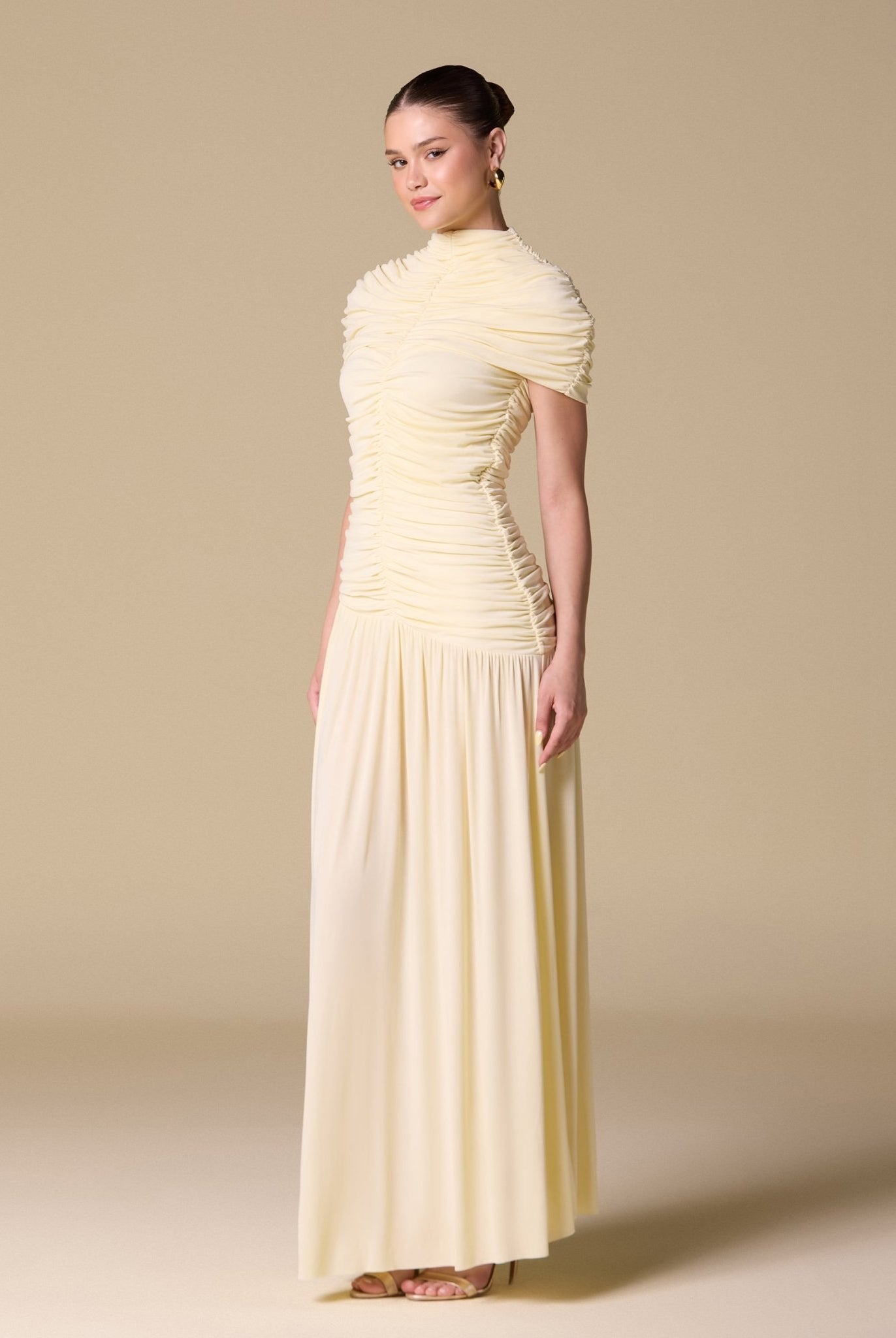 Jersey Gathered Maxi Dress with Pleated Skirt - shopaleena