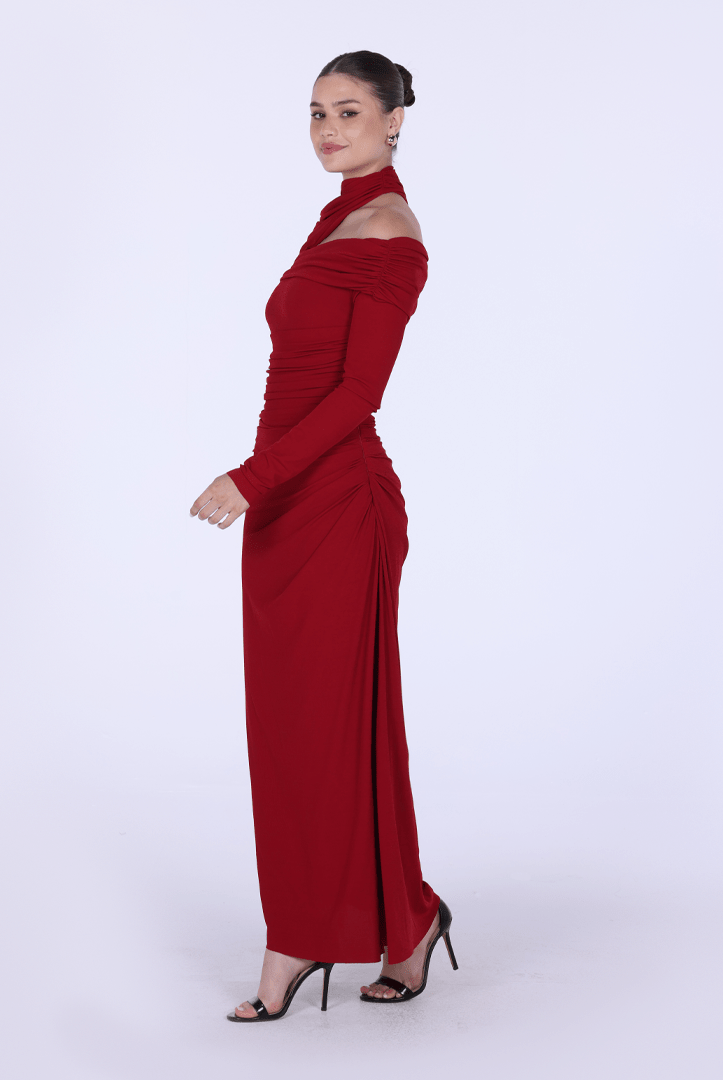 Jersey Gathered Maxi Dress with Shoulder Cut - Out - shopaleena