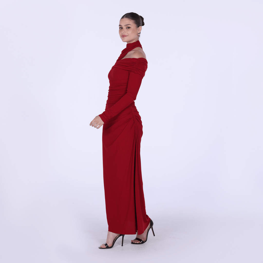 Jersey Gathered Maxi Dress with Shoulder Cut - Out - shopaleena
