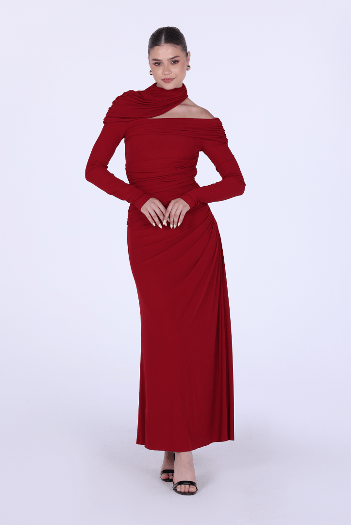 Jersey Gathered Maxi Dress with Shoulder Cut - Out - shopaleena