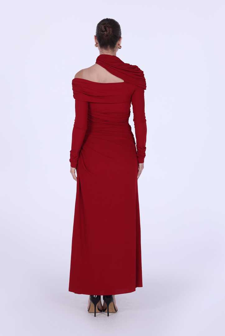 Jersey Gathered Maxi Dress with Shoulder Cut - Out - shopaleena