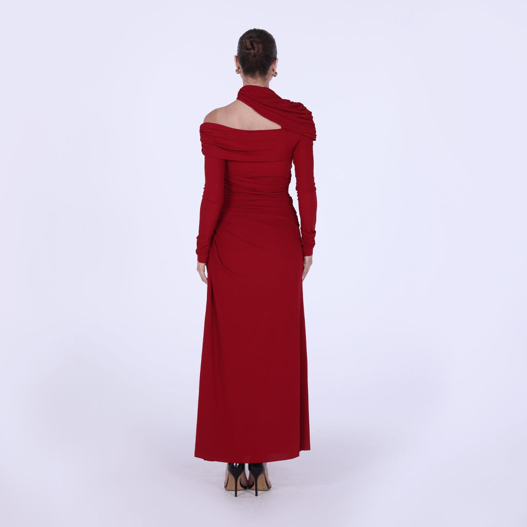 Jersey Gathered Maxi Dress with Shoulder Cut - Out - shopaleena