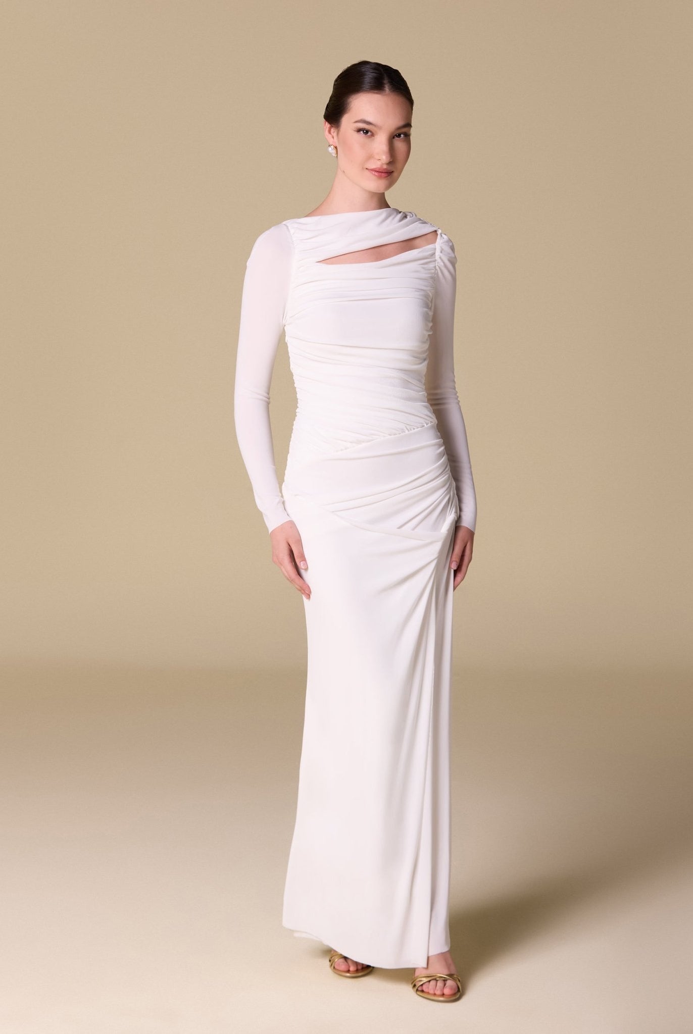 Jersey Gathered Maxi Dress with Side Twist - shopaleena