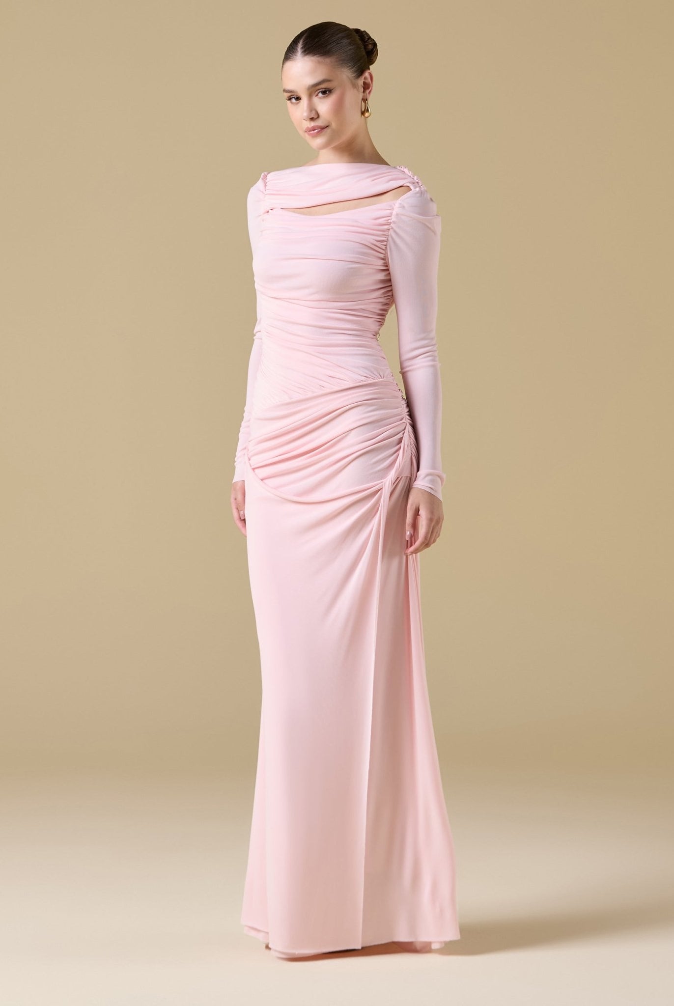 Jersey Gathered Maxi Dress with Side Twist - shopaleena