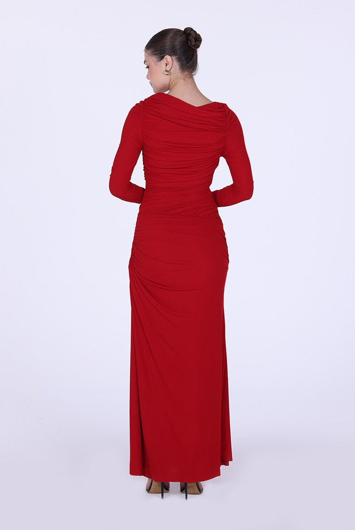 Jersey Gathered Maxi Dress with Side Twist - shopaleena