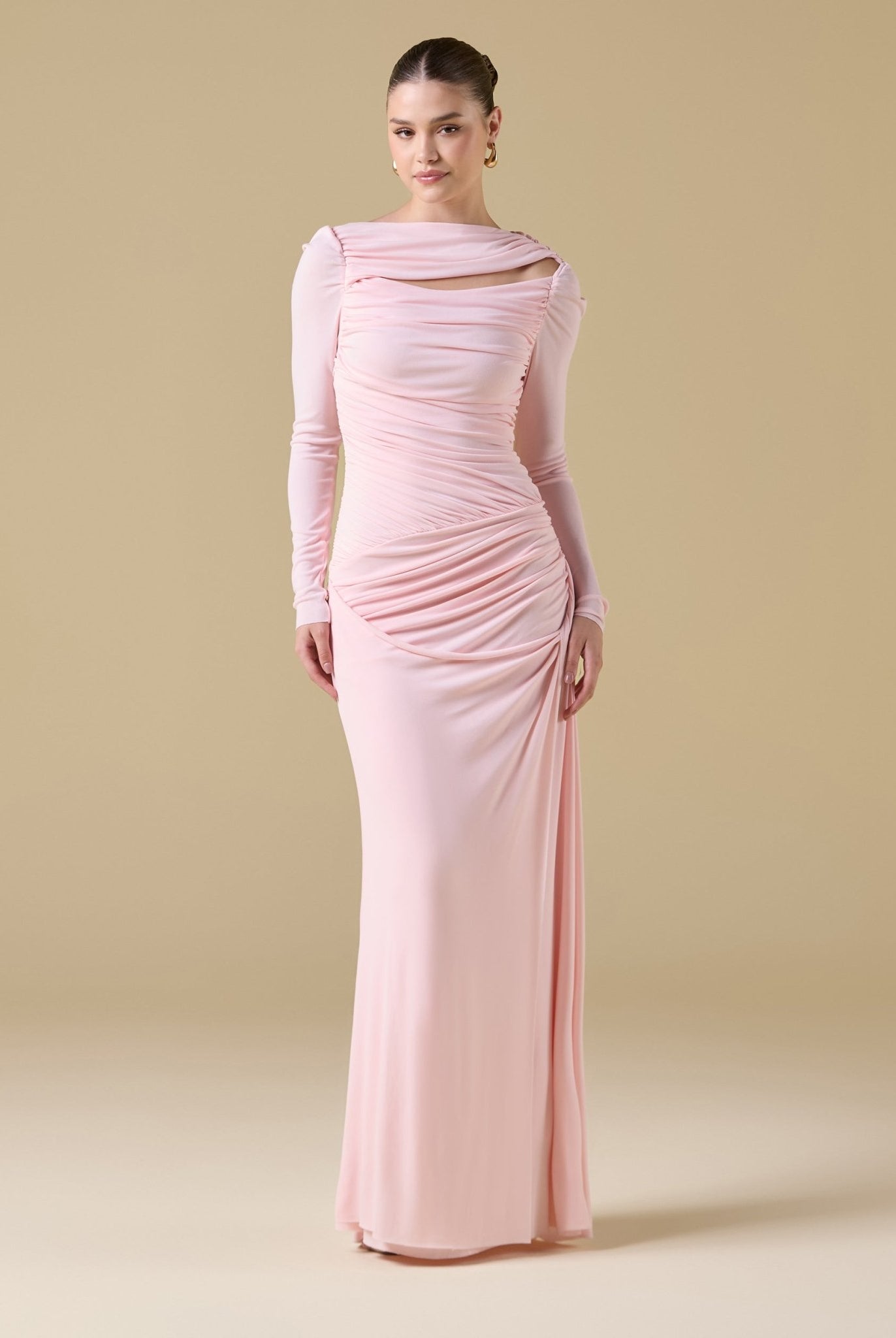 Jersey Gathered Maxi Dress with Side Twist - shopaleena