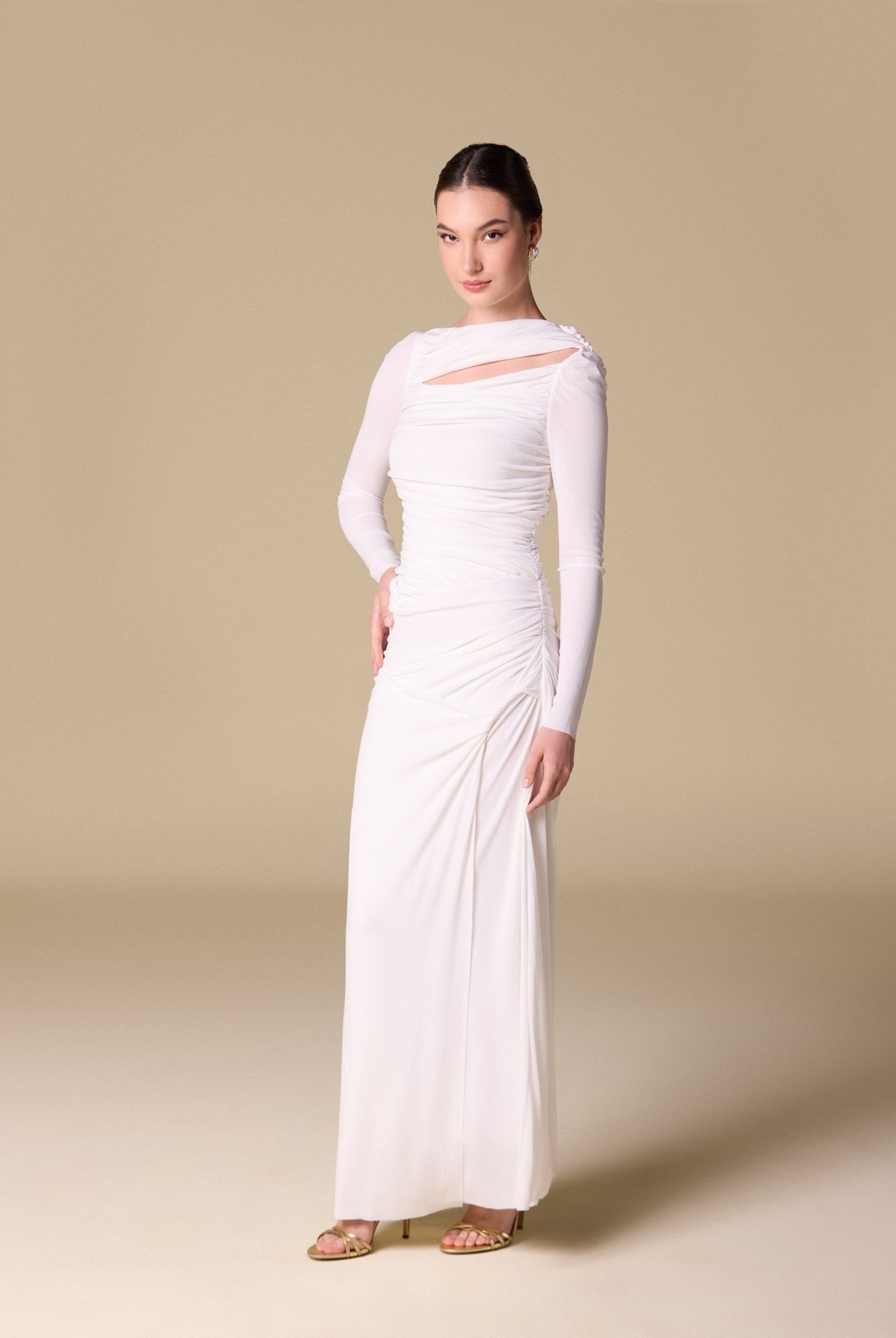 Jersey Gathered Maxi Dress with Side Twist - shopaleena