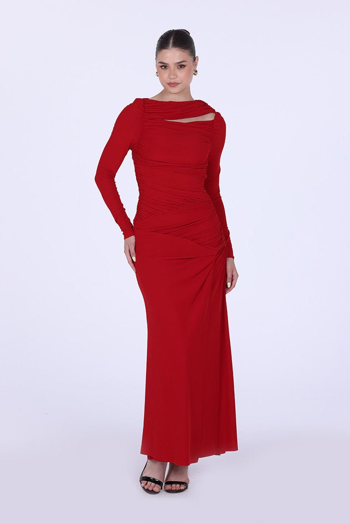 Jersey Gathered Maxi Dress with Side Twist - shopaleena