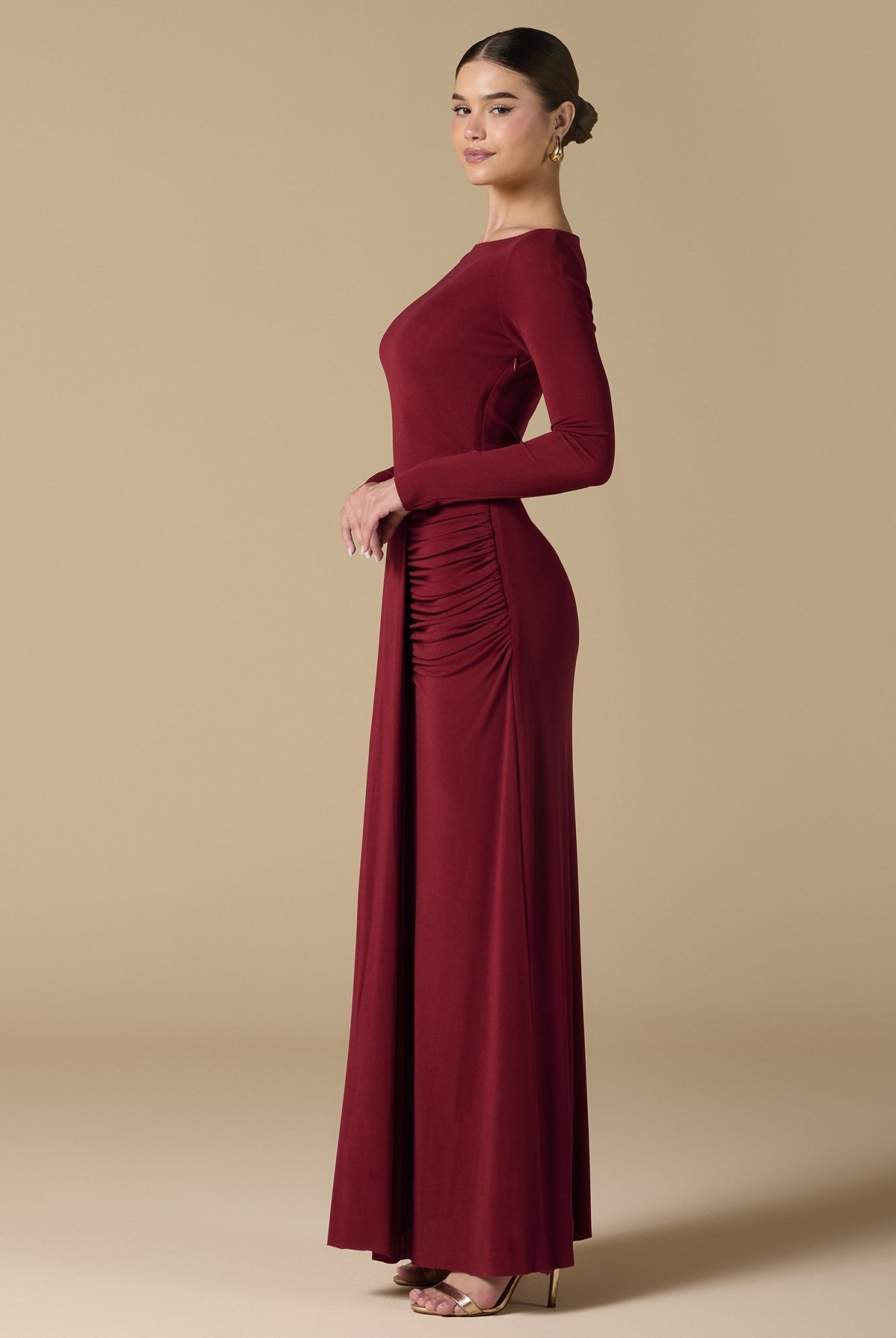 Jersey Maxi Dress with Gathered Waist - shopaleena