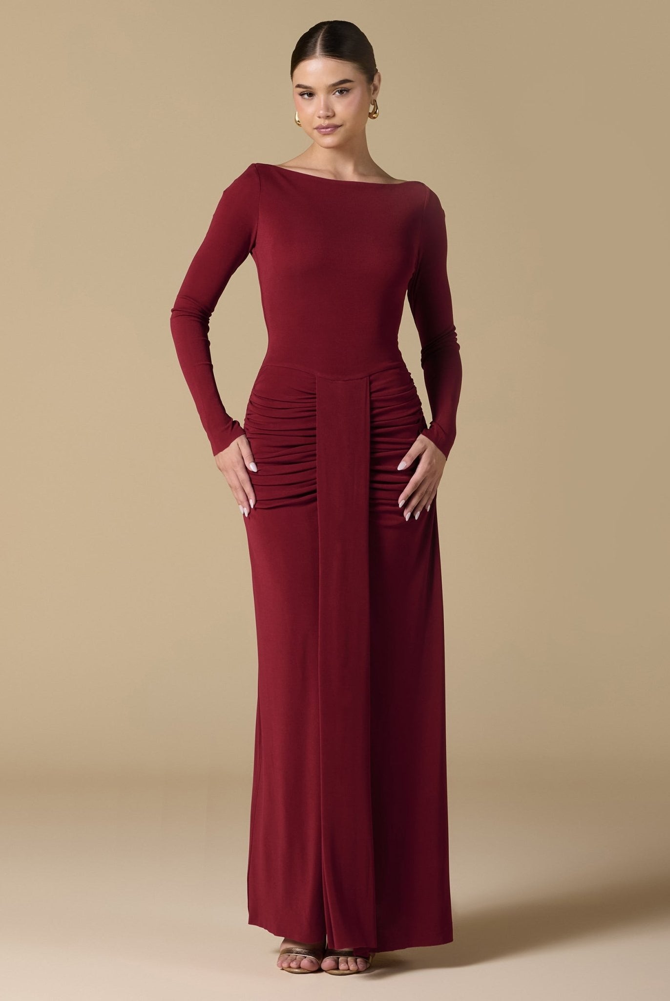 Jersey Maxi Dress with Gathered Waist - shopaleena
