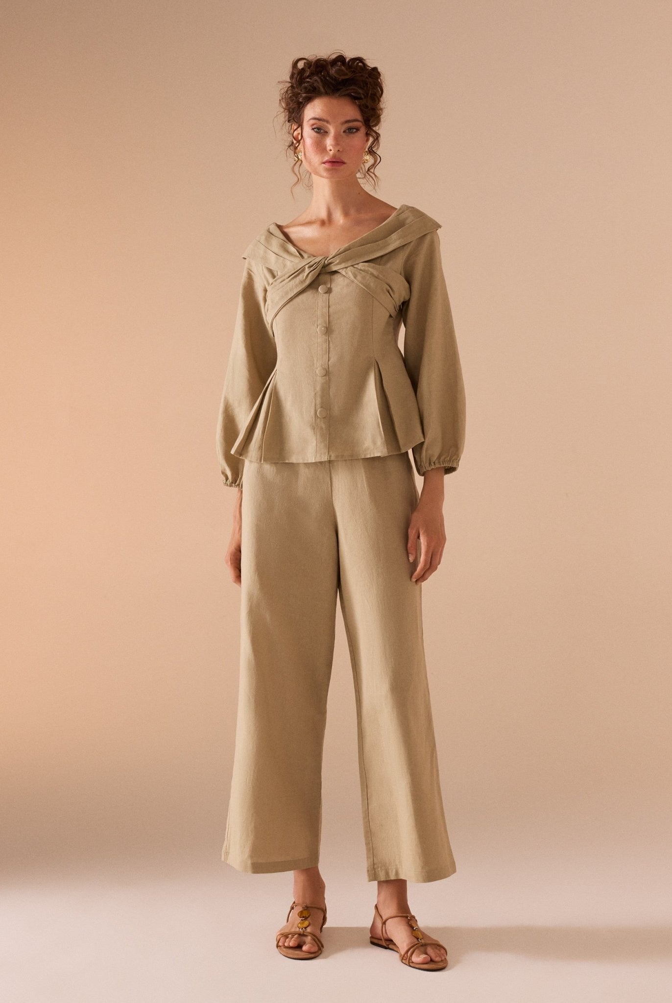 Khaki Linen top with chest detail - shopaleena