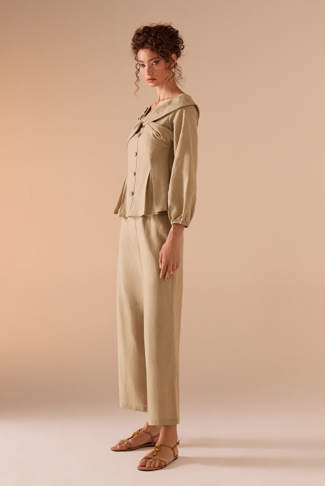 Khaki Linen top with chest detail - shopaleena