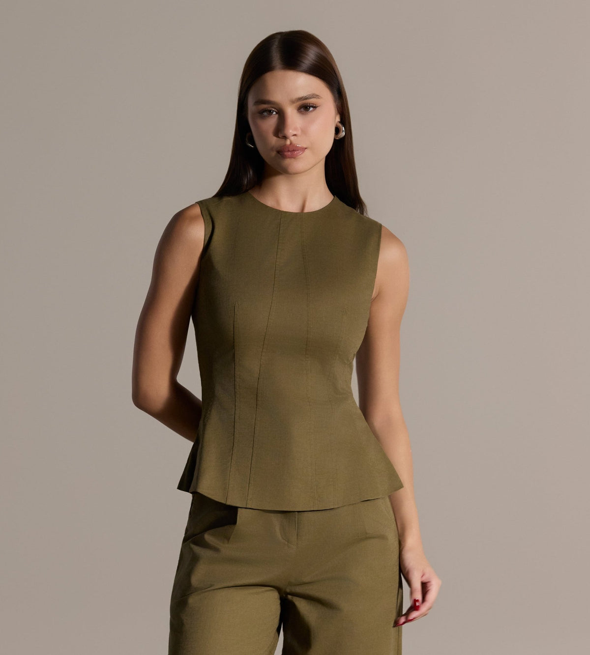 Khaki Sleeveless Round Neck Linen Top - shopaleena