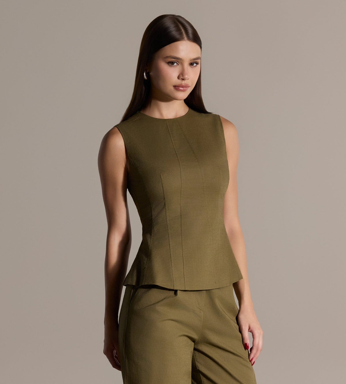 Khaki Sleeveless Round Neck Linen Top - shopaleena