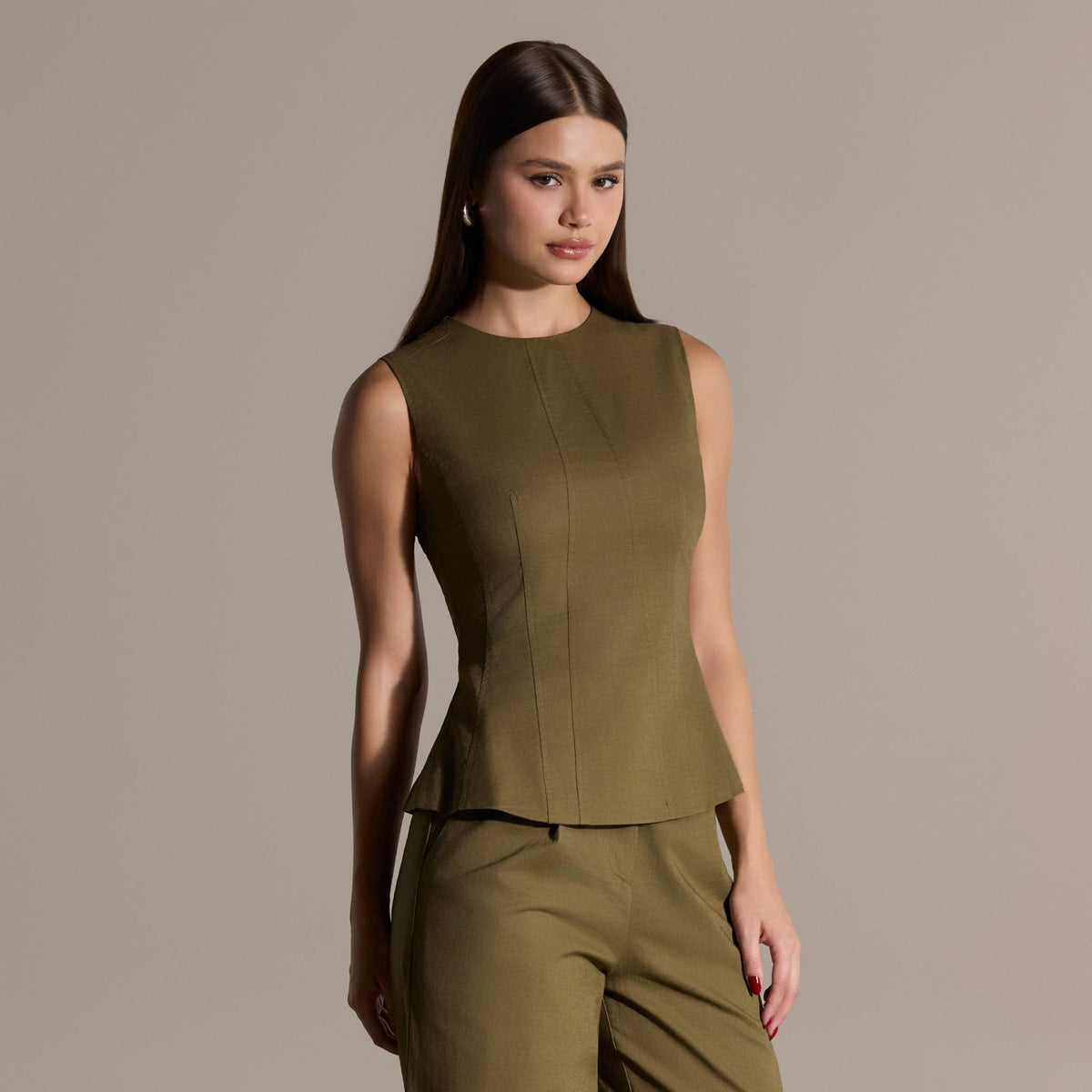 Khaki Sleeveless Round Neck Linen Top - shopaleena
