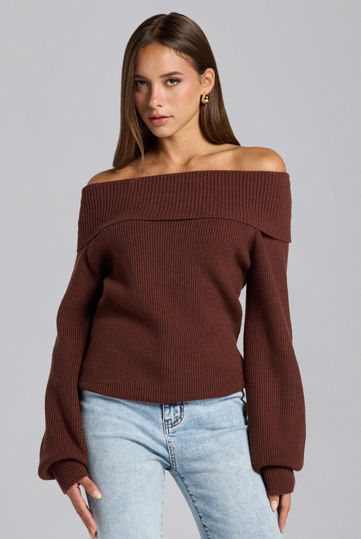 Knit Fold Off Shoulder Balloon Sleeve Sweater - shopaleena