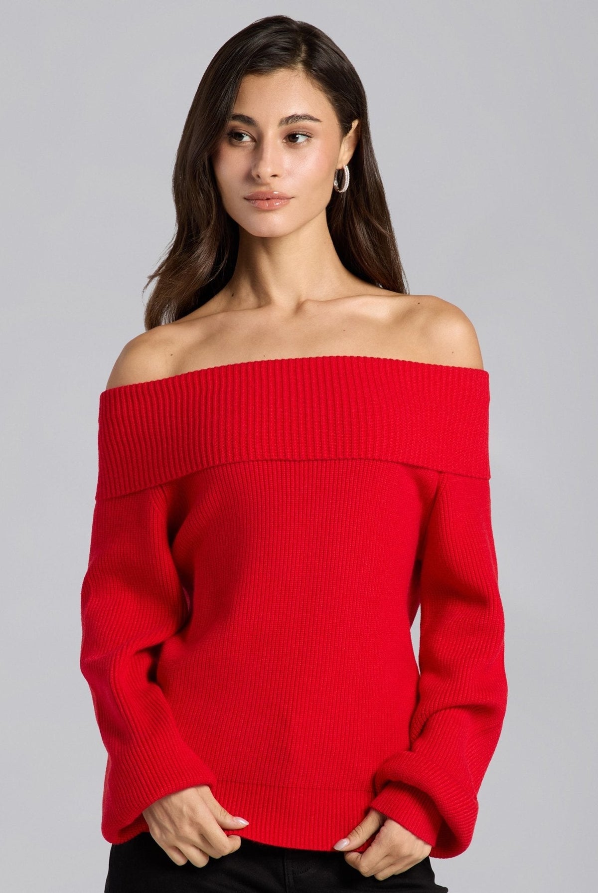 Knit Fold Off Shoulder Balloon Sleeve Sweater - shopaleena