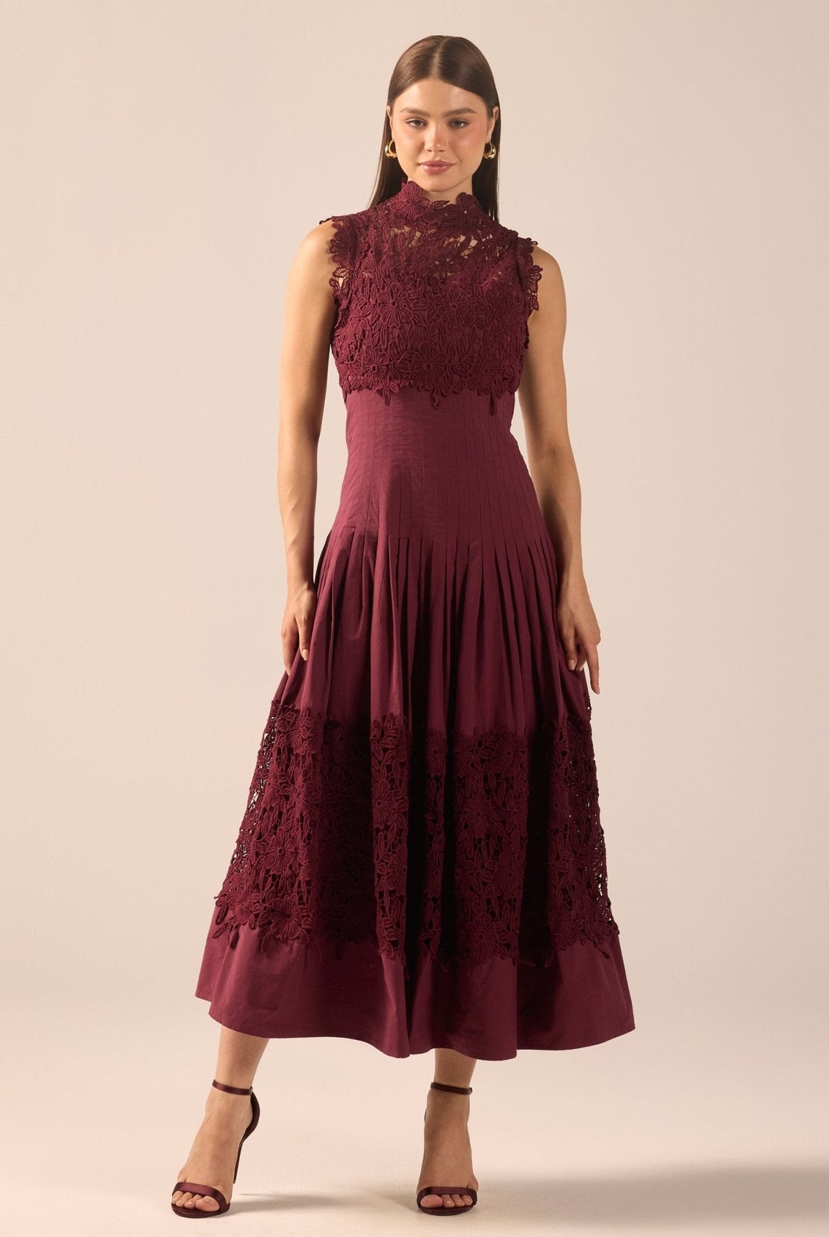 Lace-Paneled Cotton Midi Dress - shopaleena