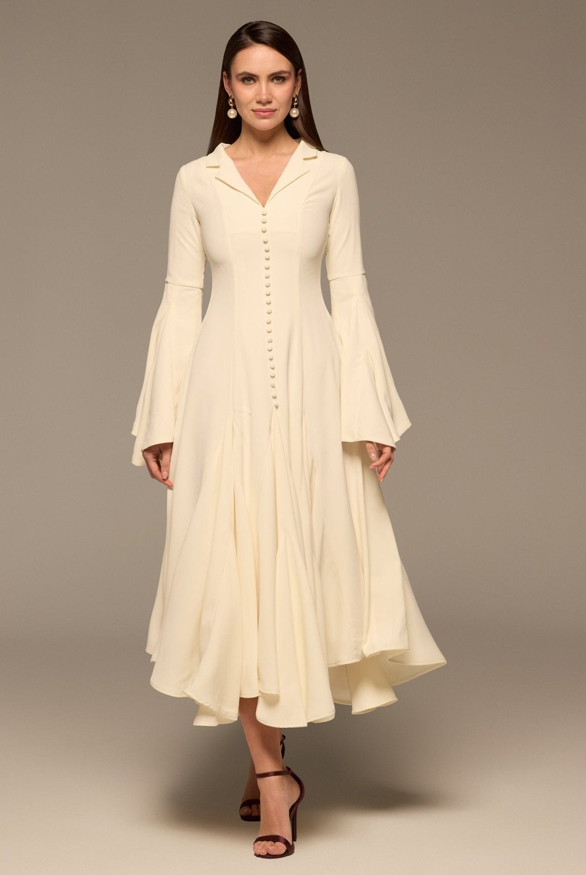 Lapel Neck Button-Front Crepe Dress - shopaleena
