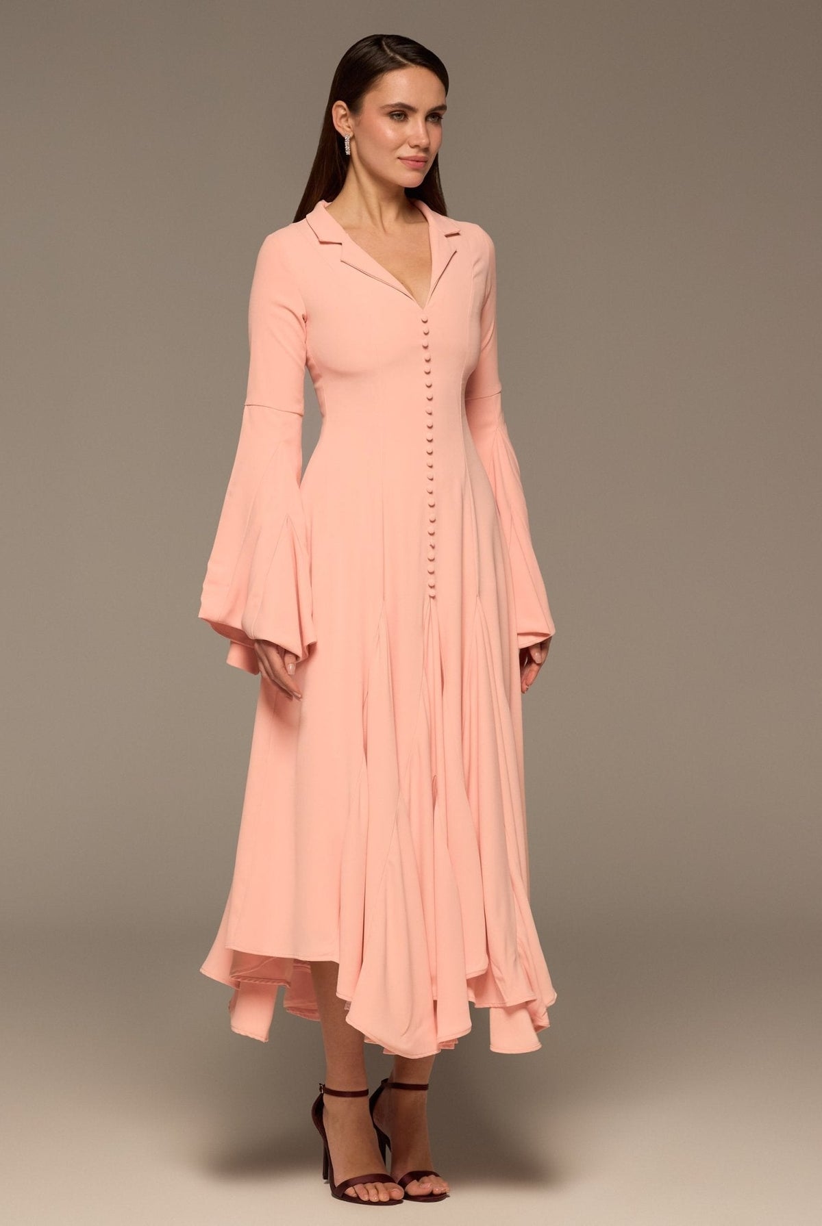 Lapel Neck Button-Front Crepe Dress - shopaleena