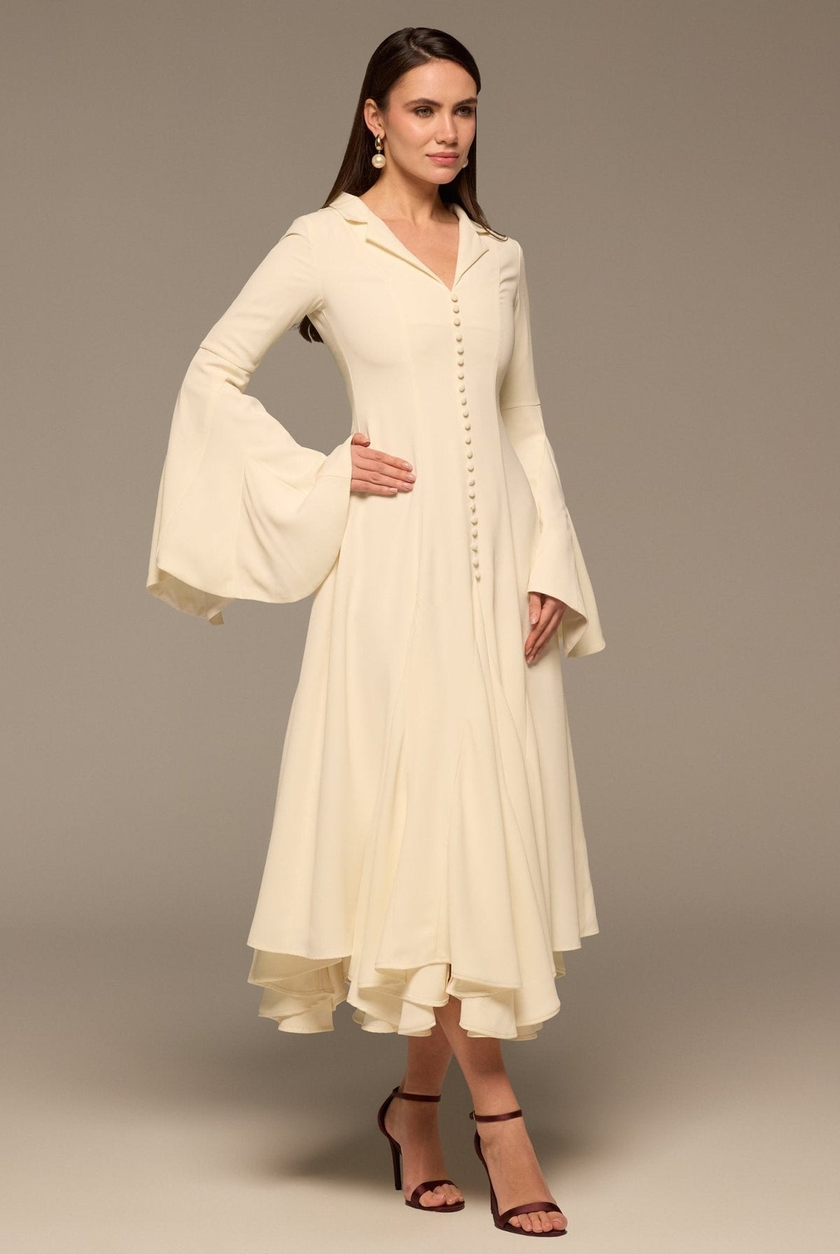 Lapel Neck Button-Front Crepe Dress - shopaleena