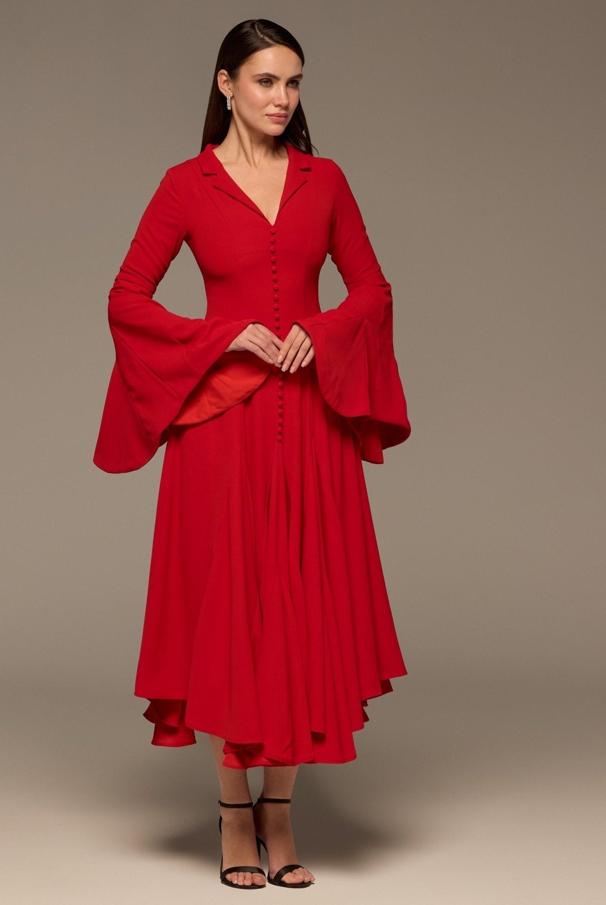Lapel Neck Button-Front Crepe Dress - shopaleena