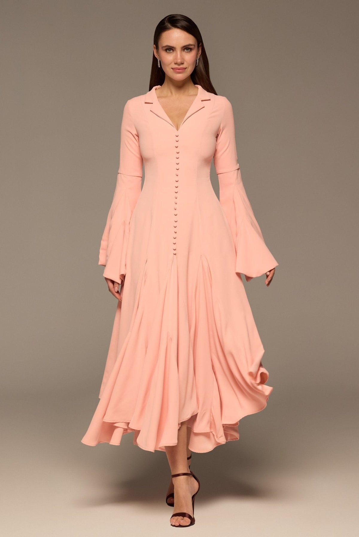 Lapel Neck Button-Front Crepe Dress - shopaleena