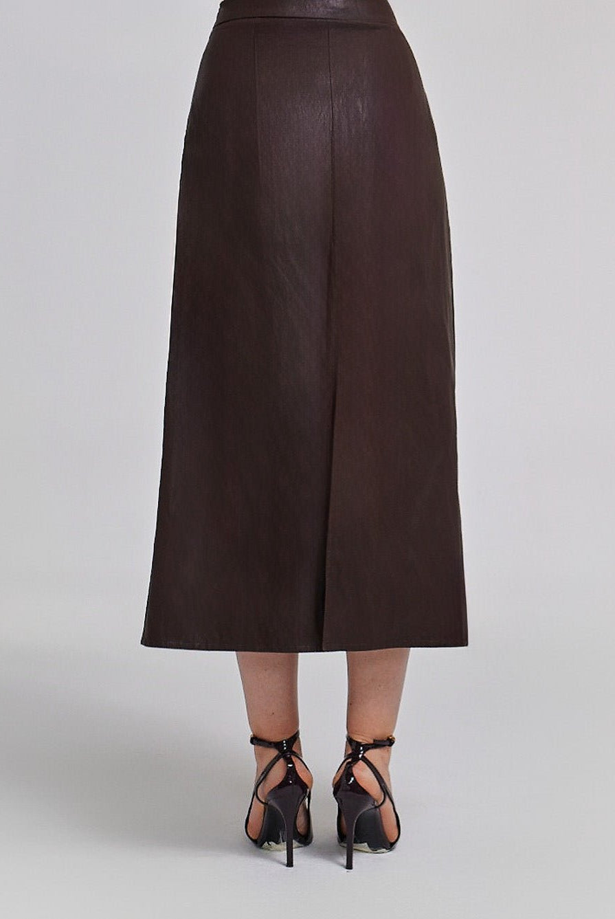 Leather Midi Skirt With Side Pleated Details - shopaleena