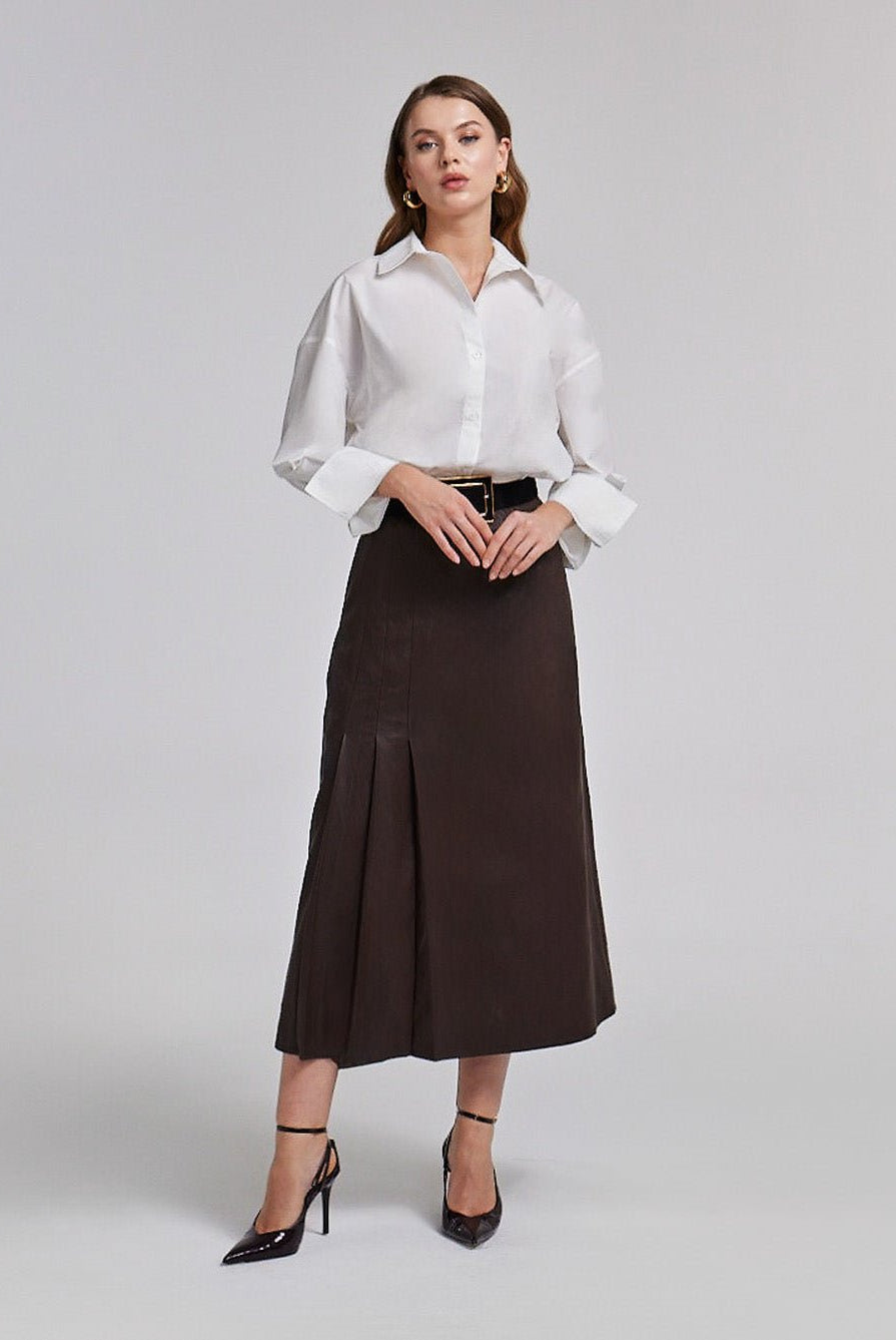 Leather Midi Skirt With Side Pleated Details - shopaleena