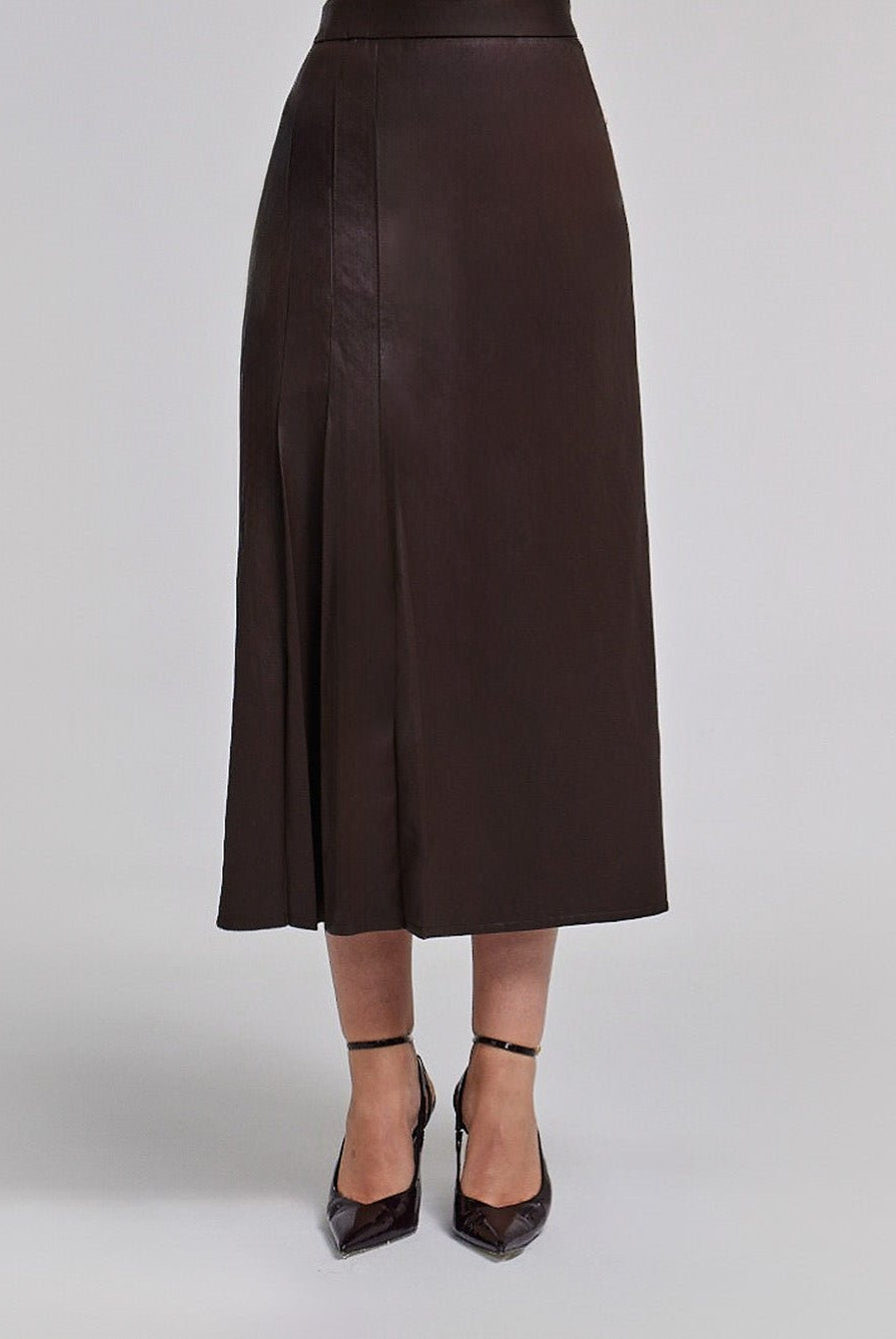 Leather Midi Skirt With Side Pleated Details - shopaleena
