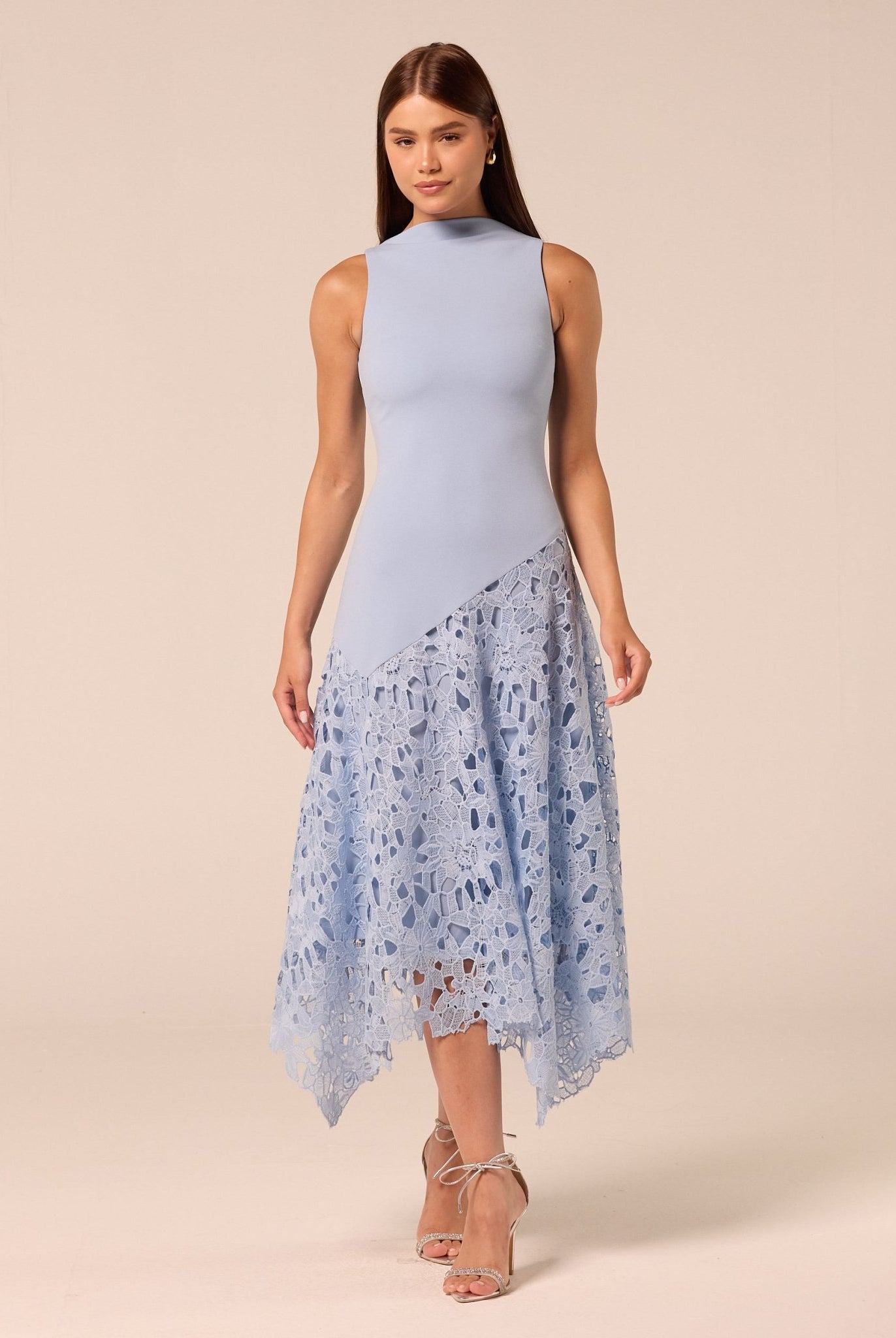 Light Blue Asymmetric Lace-Overlay Cotton Dress - shopaleena