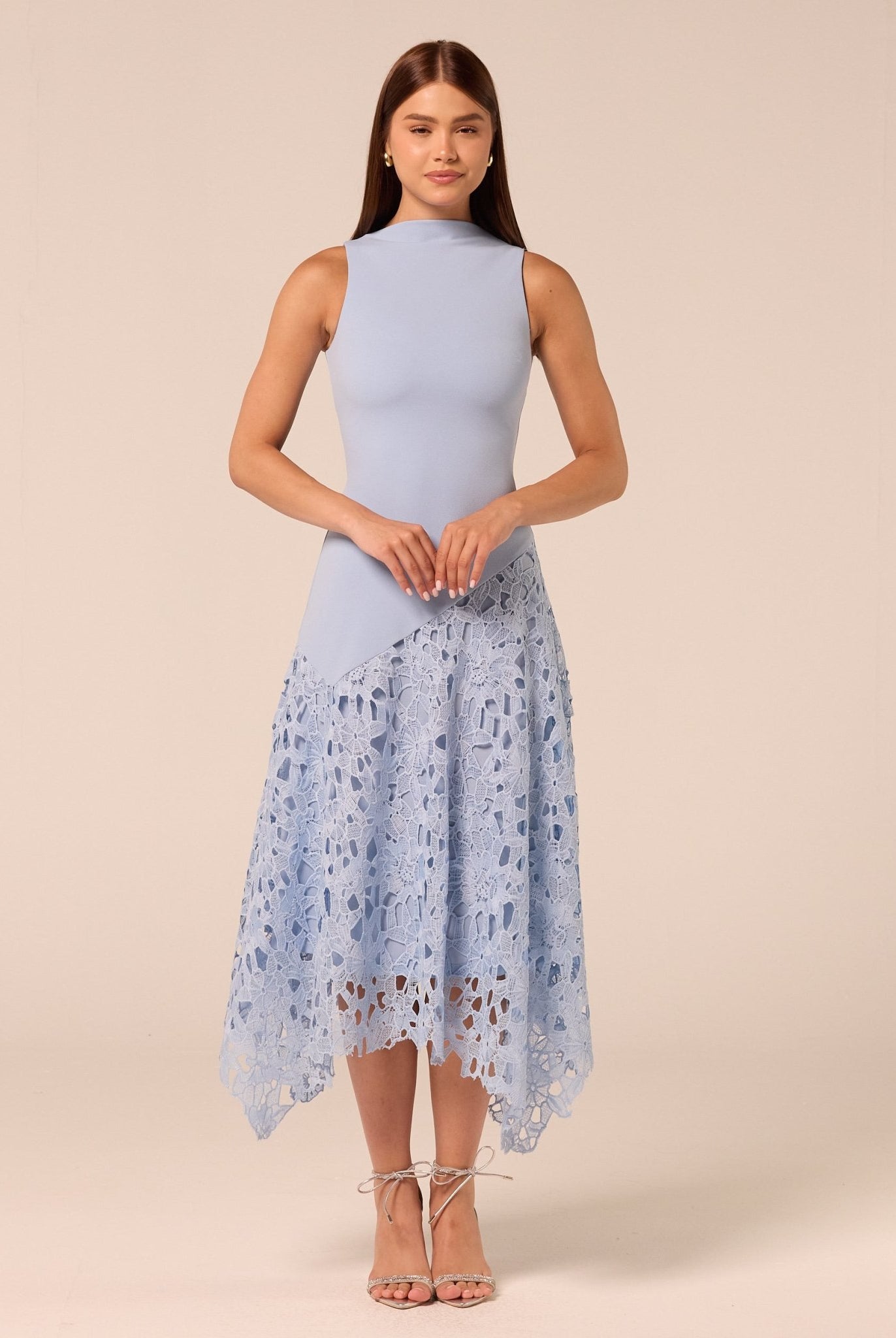Light Blue Asymmetric Lace-Overlay Cotton Dress - shopaleena