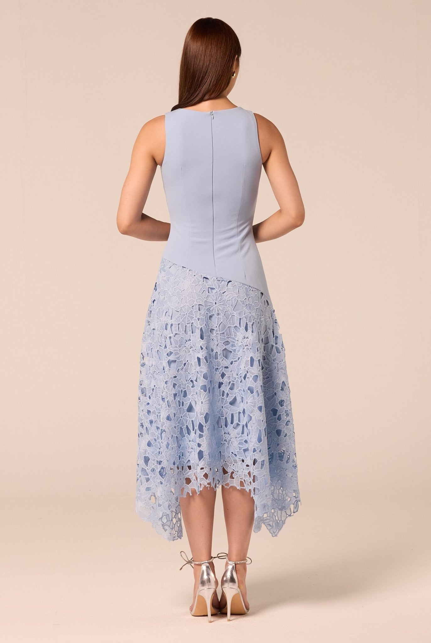 Light Blue Asymmetric Lace-Overlay Cotton Dress - shopaleena