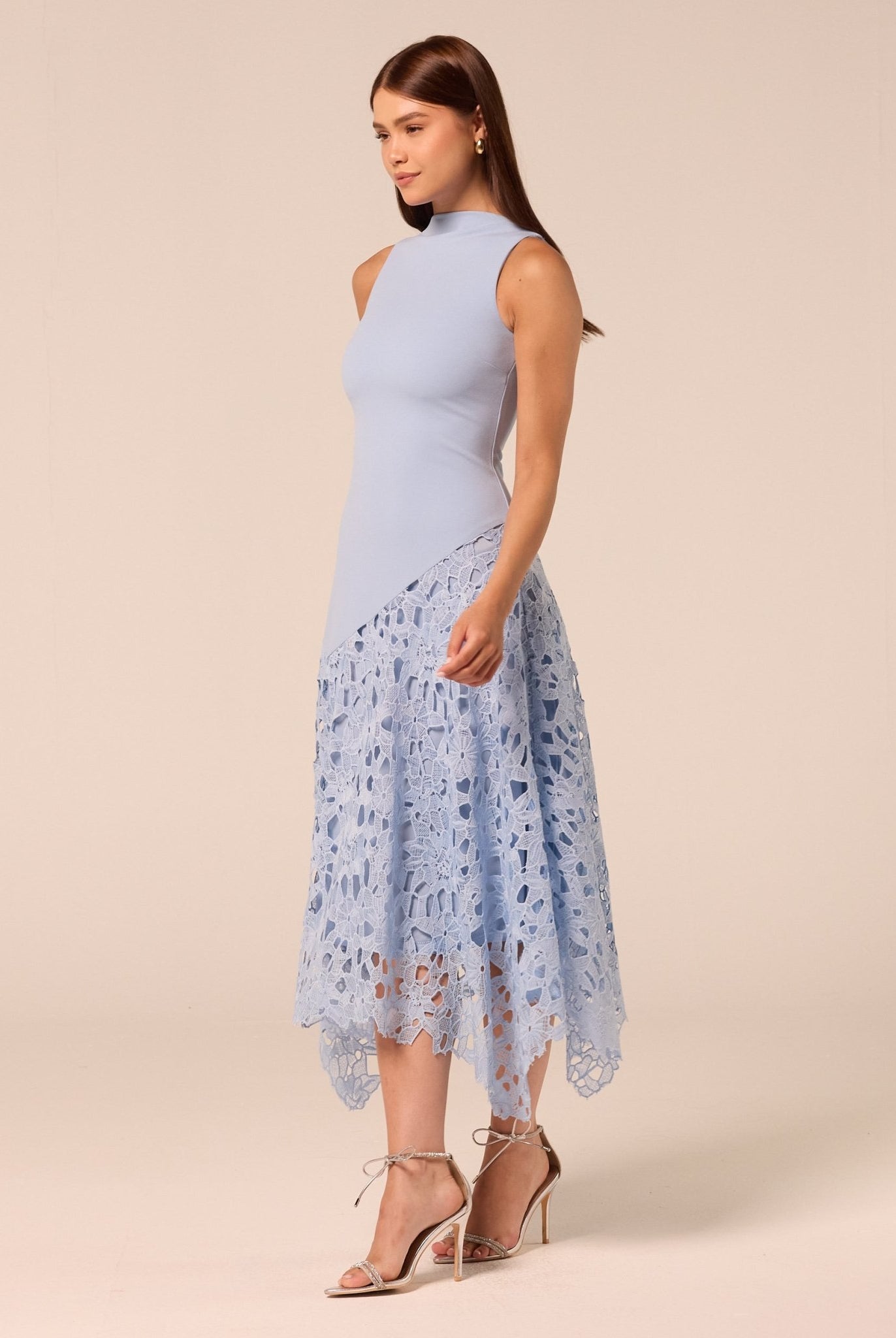 Light Blue Asymmetric Lace-Overlay Cotton Dress - shopaleena