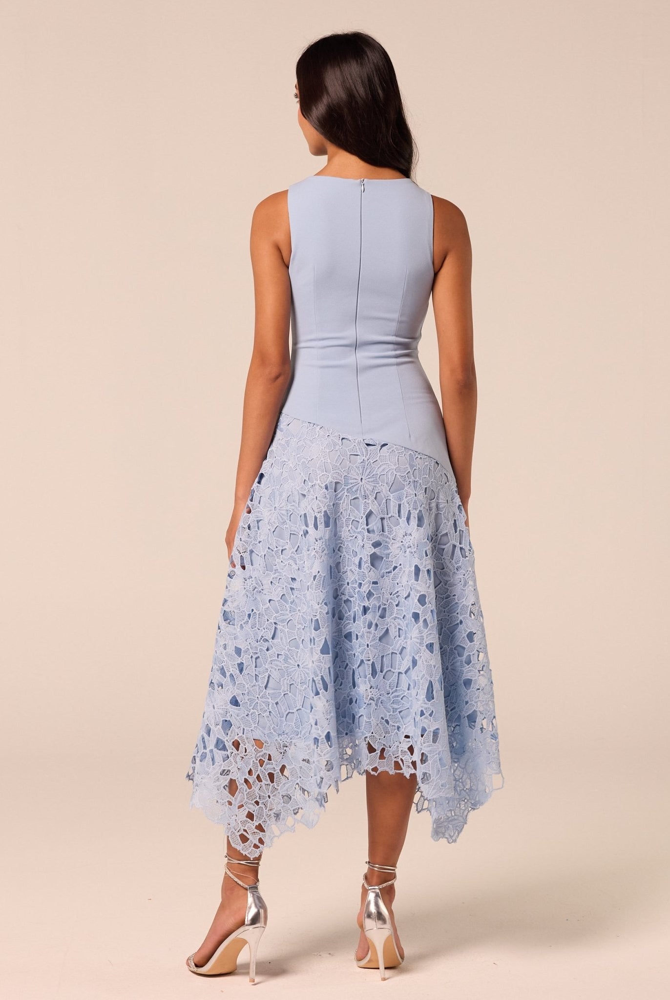 Light Blue Asymmetric Lace-Overlay Cotton Dress - shopaleena