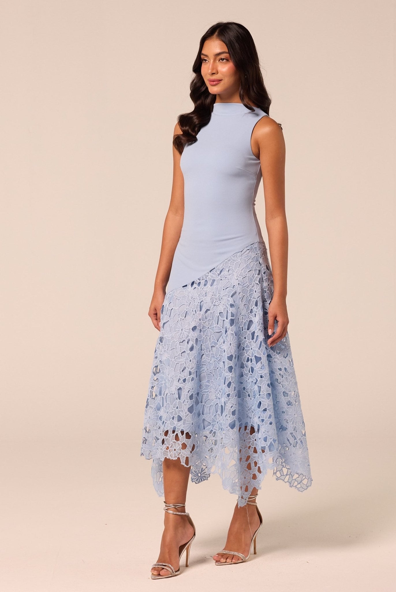 Light Blue Asymmetric Lace-Overlay Cotton Dress - shopaleena