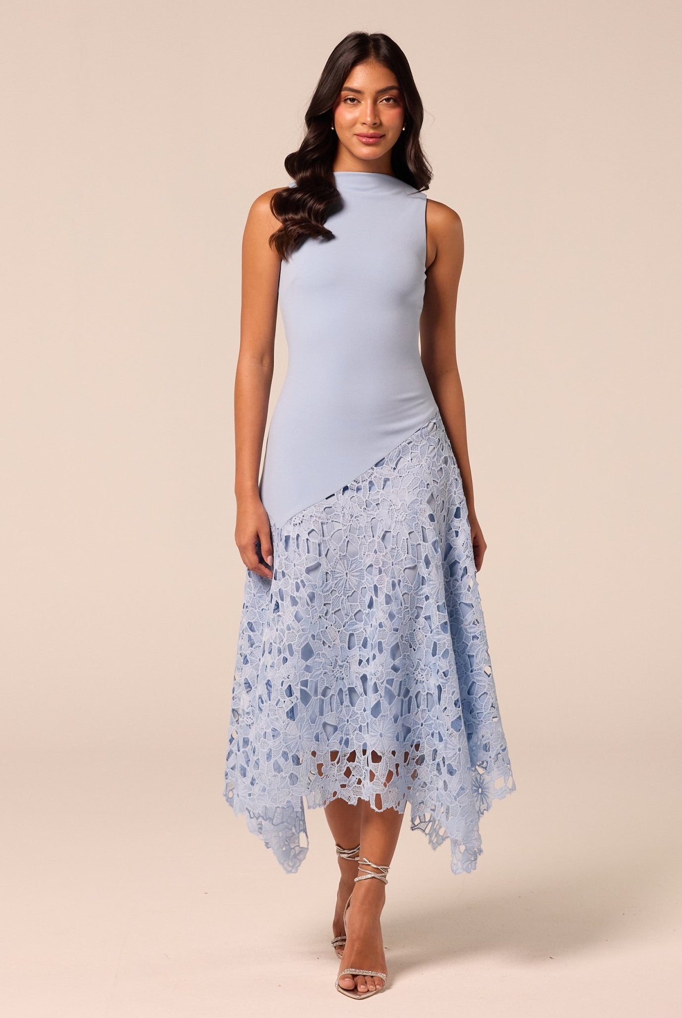 Light Blue Asymmetric Lace-Overlay Cotton Dress - shopaleena