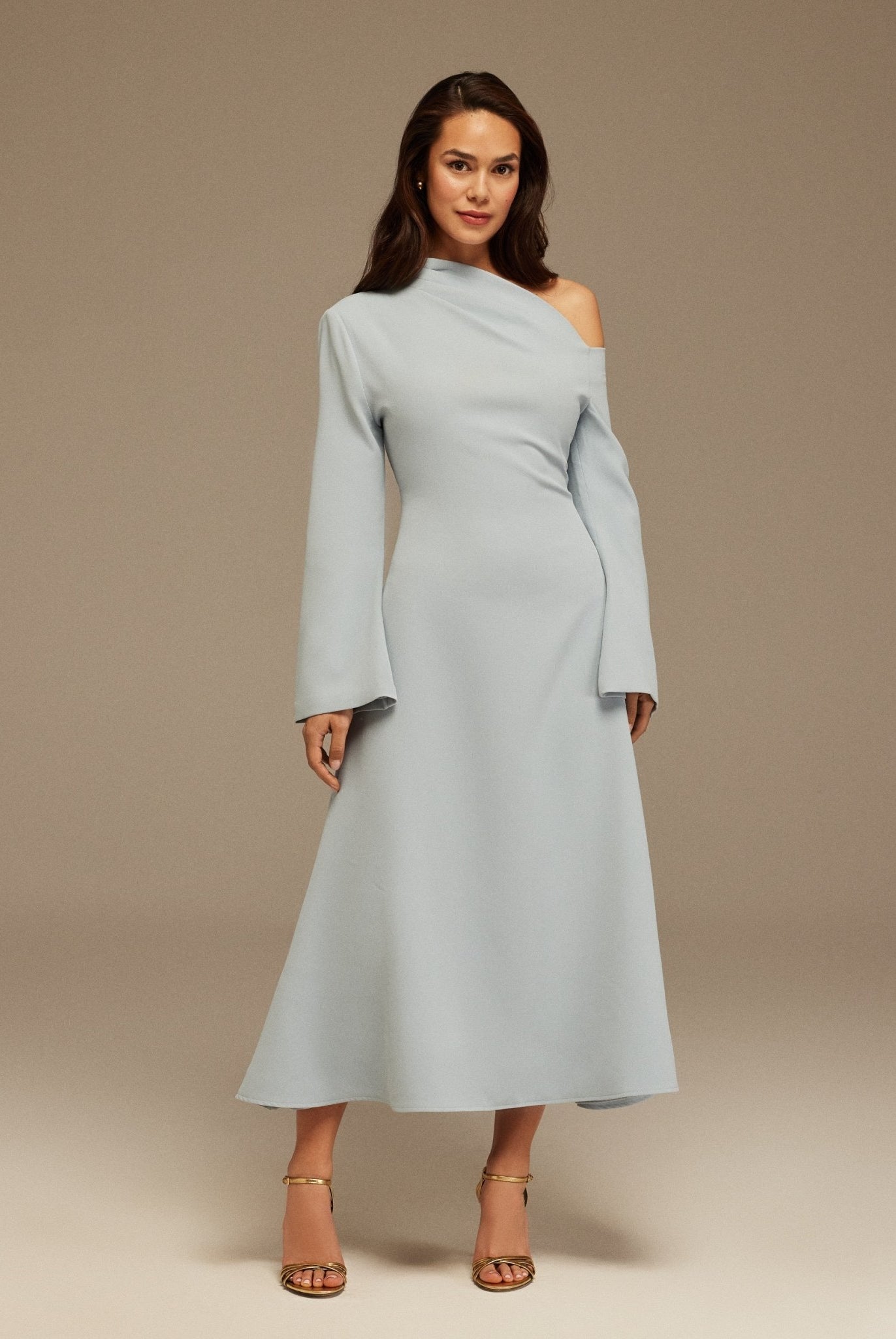 Light Blue Bare shoulder Crepe Midi dress - shopaleena