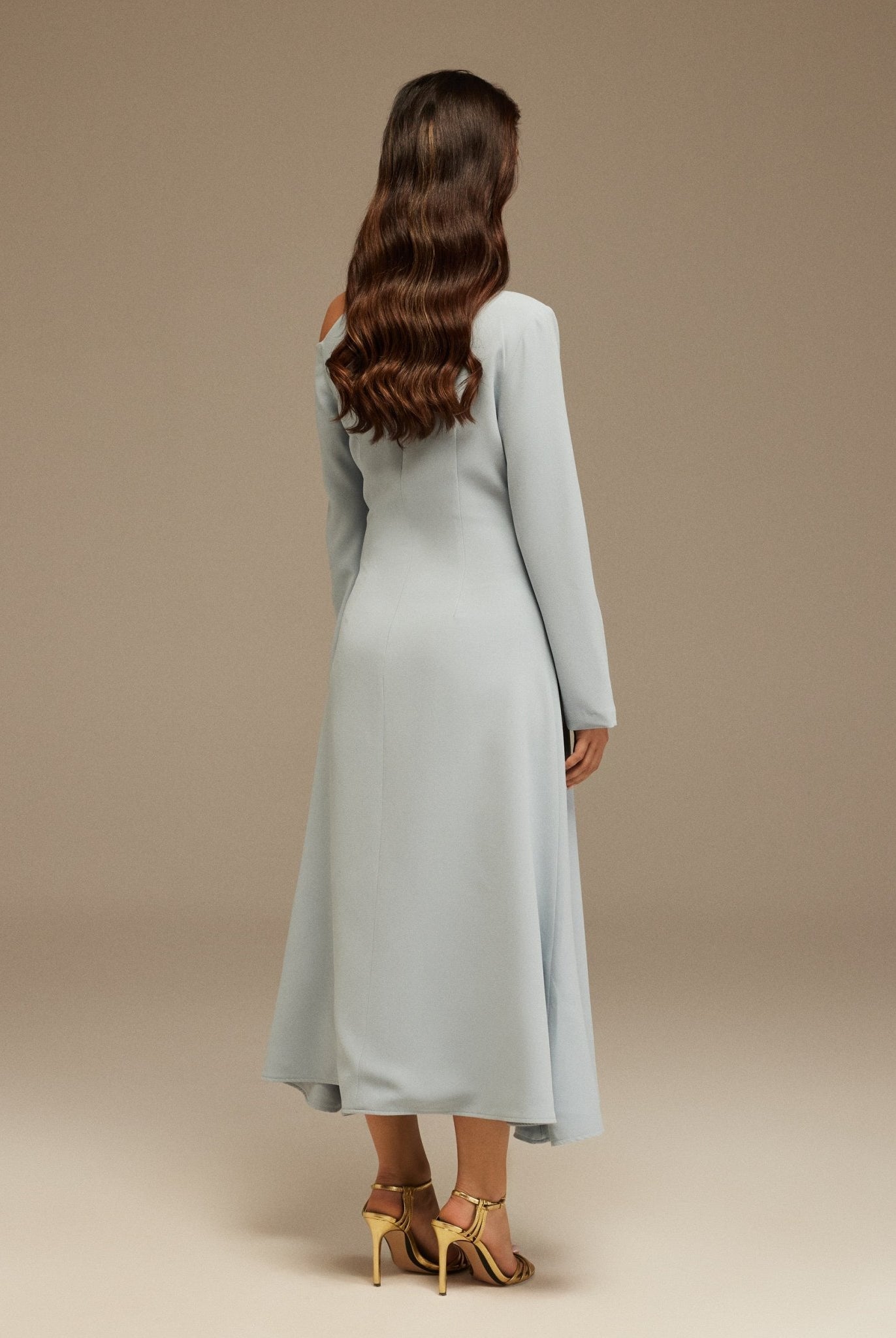 Light Blue Bare shoulder Crepe Midi dress - shopaleena
