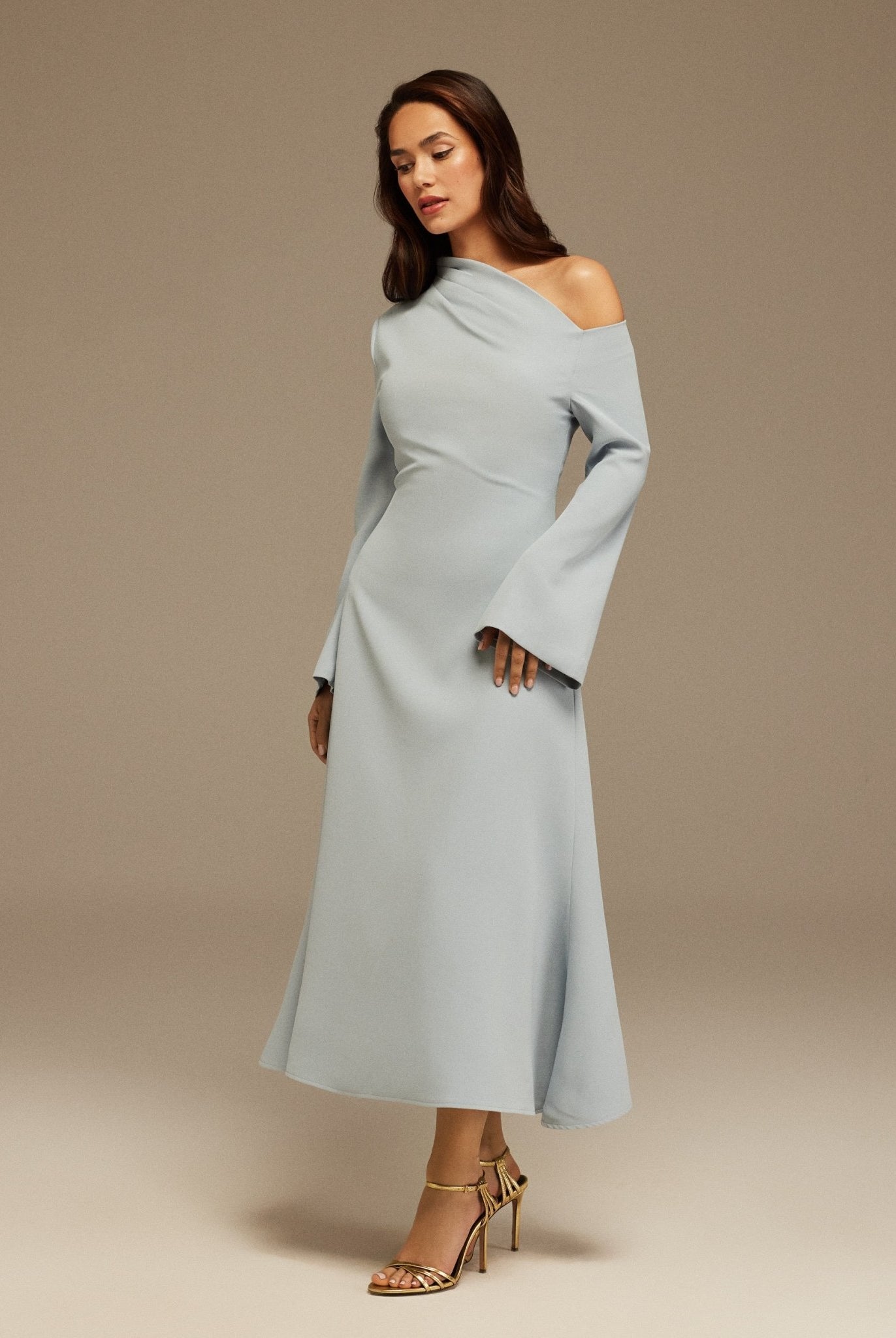 Light Blue Bare shoulder Crepe Midi dress - shopaleena