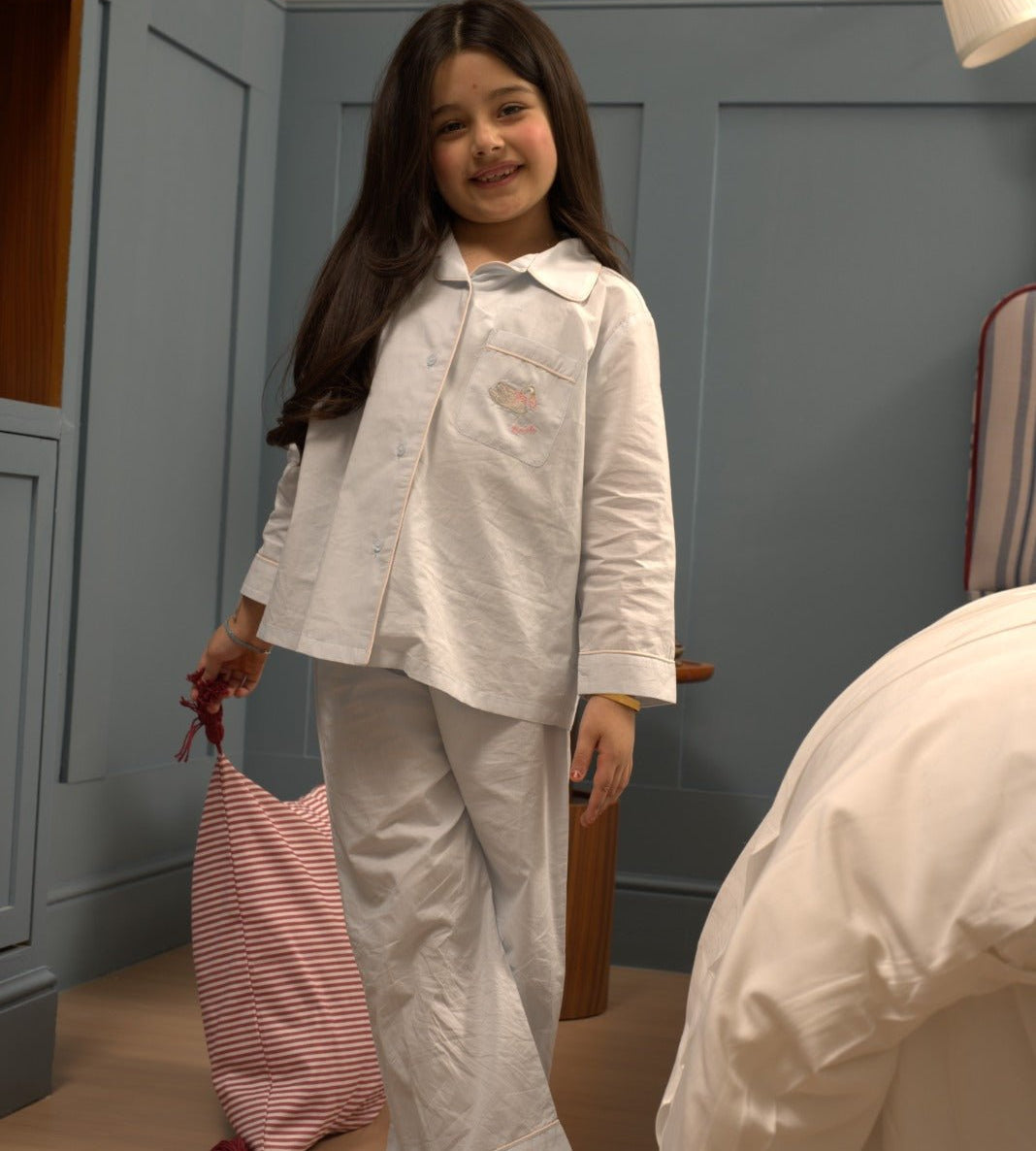 Light Blue Cotton Embroidered Shirt For Kids - shopaleena