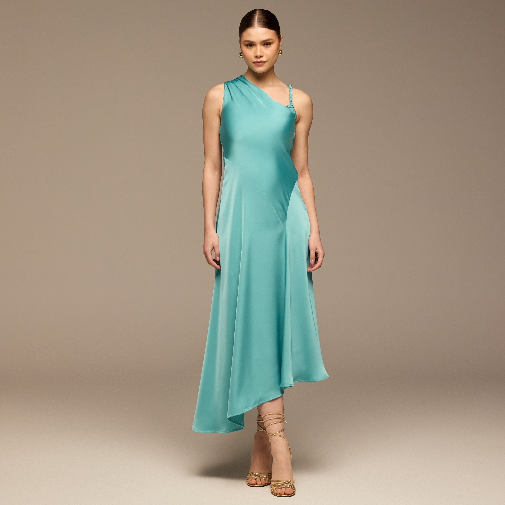 Light Blue Crepe Satin Asymmetrical Dress - shopaleena