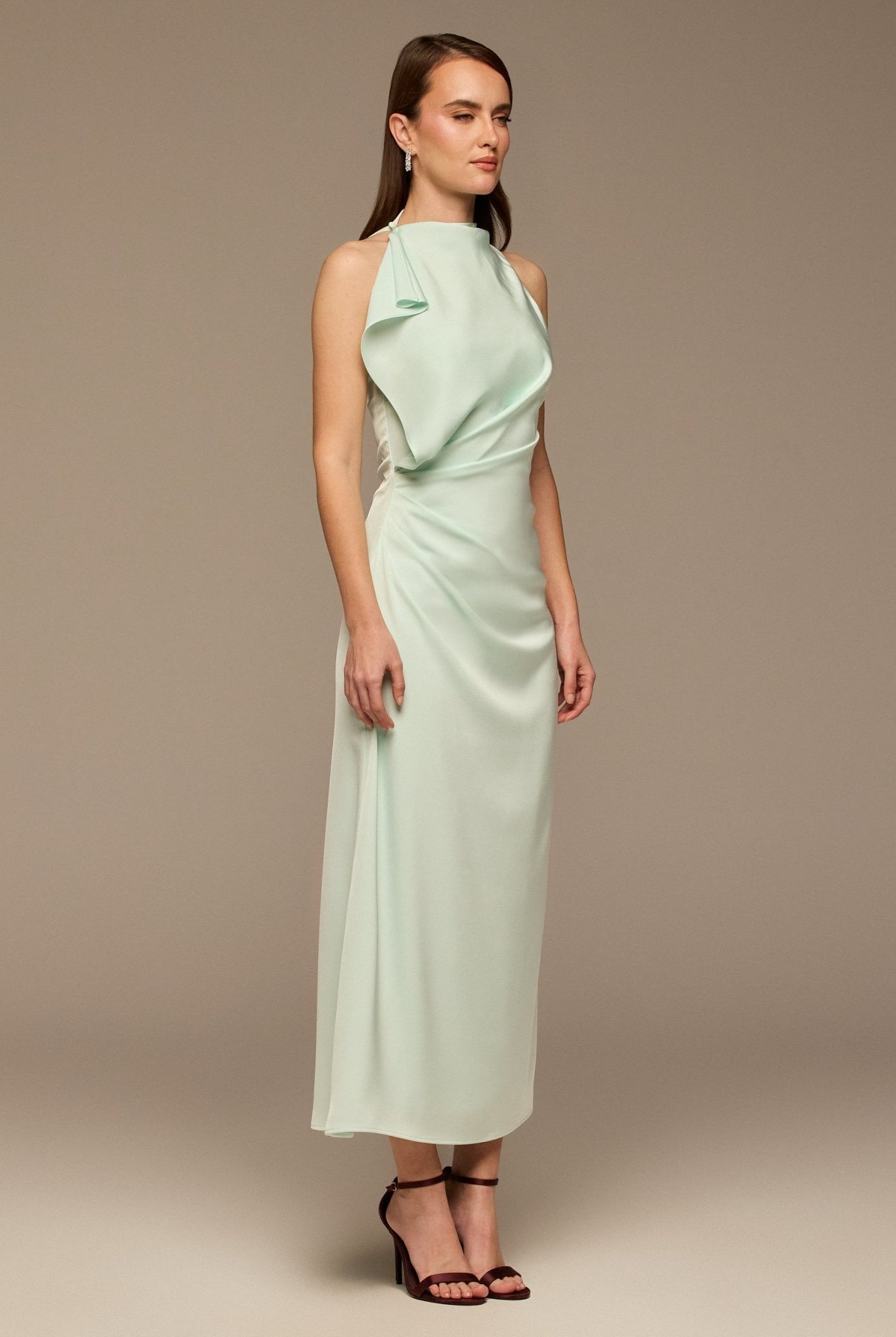 Light Blue Crepe Satin Draped Maxi Dress - shopaleena