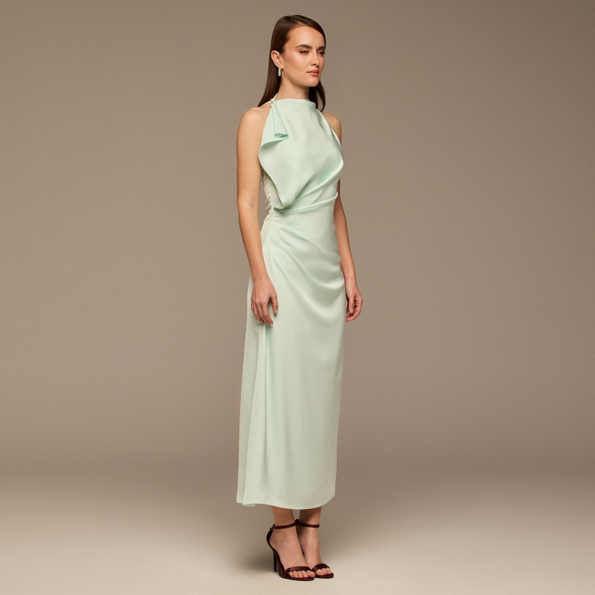 Light Blue Crepe Satin Draped Maxi Dress - shopaleena