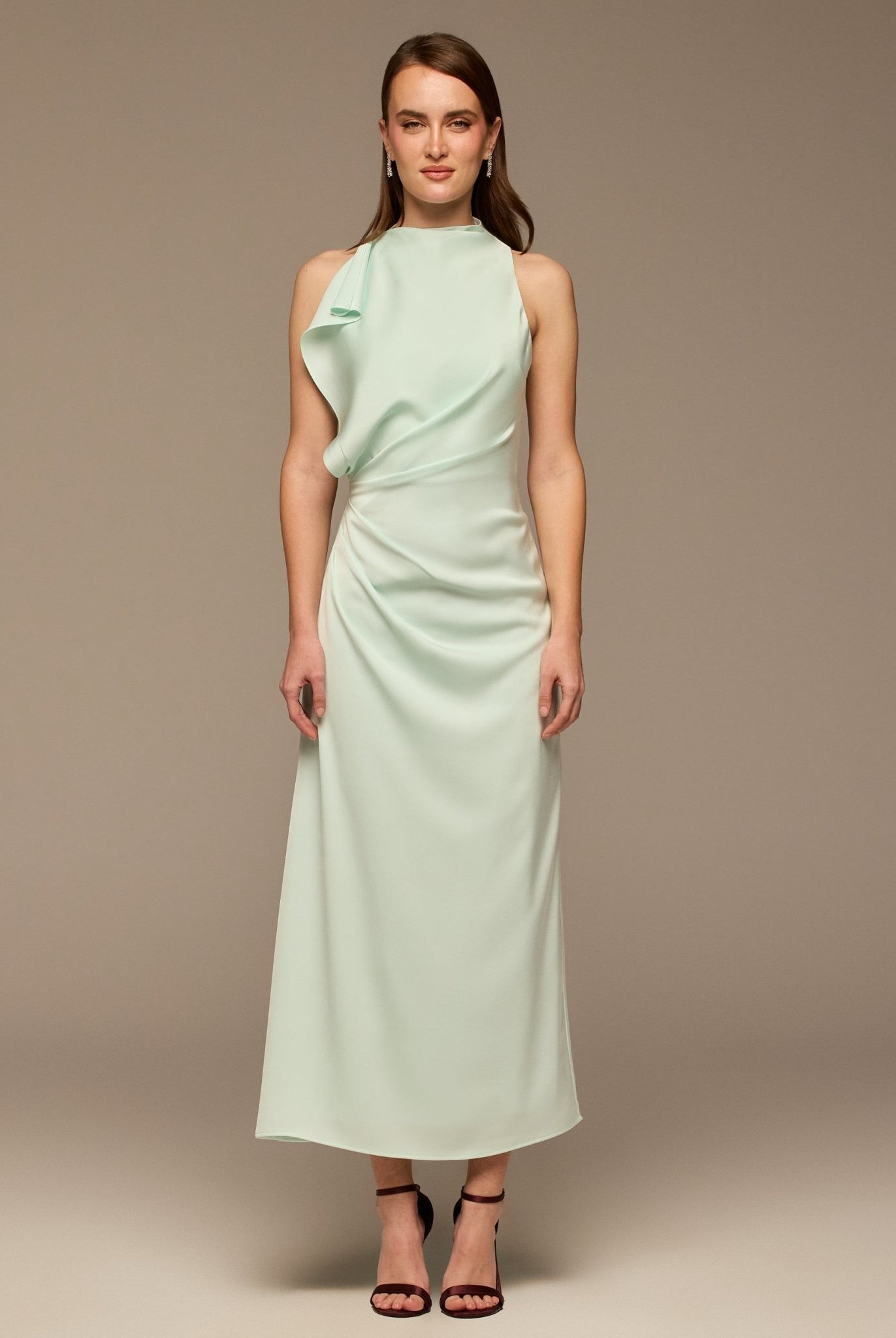 Light Blue Crepe Satin Draped Maxi Dress - shopaleena