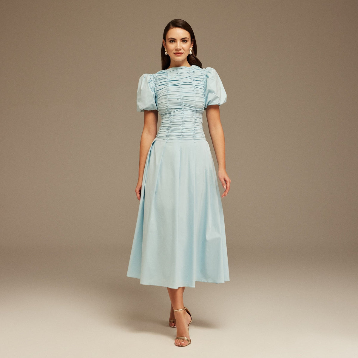 Light Blue Draped Top Short Sleeve Midi Dress – shopaleena